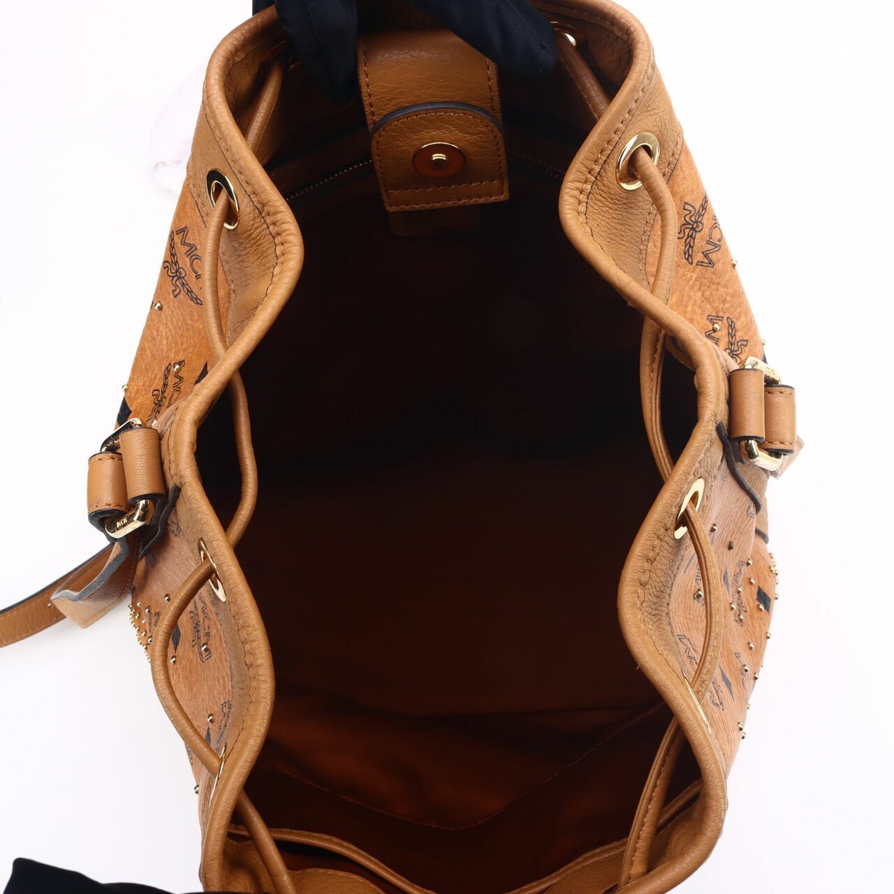 MCM Visetos Cognac  Studs Essential Drawstring Bucket Bag