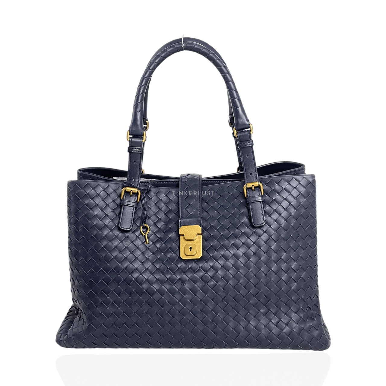 Bottega Veneta Navy Blue Intrecciato Leather Medium Roma Tote