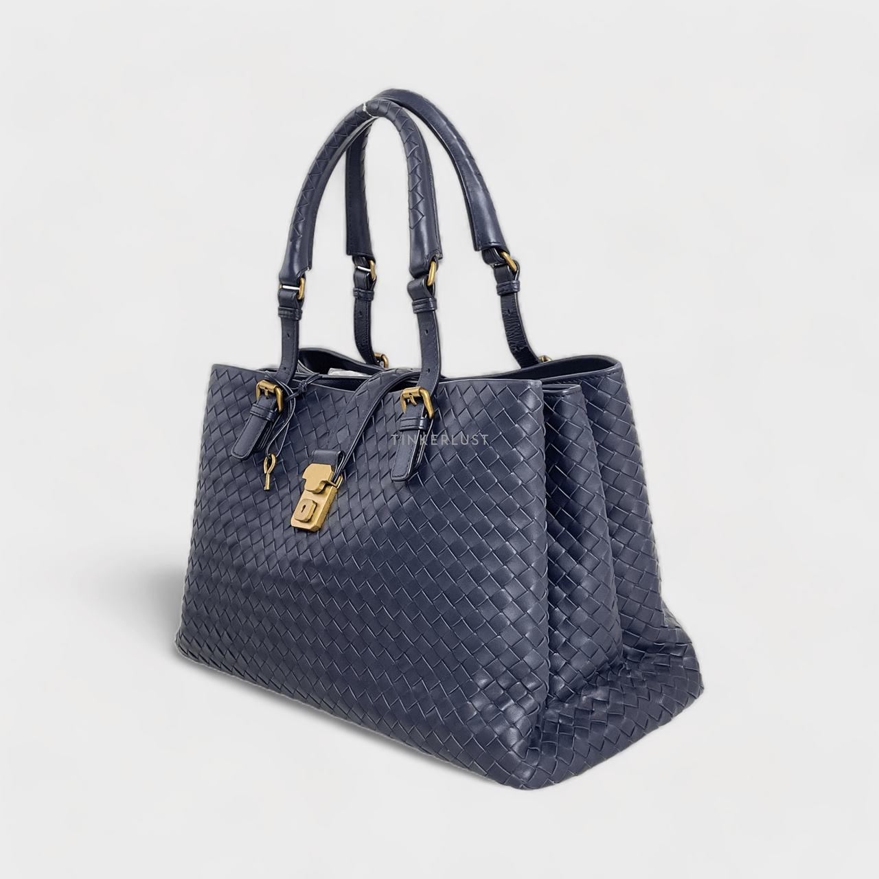 Bottega Veneta Navy Blue Intrecciato Leather Medium Roma Tote