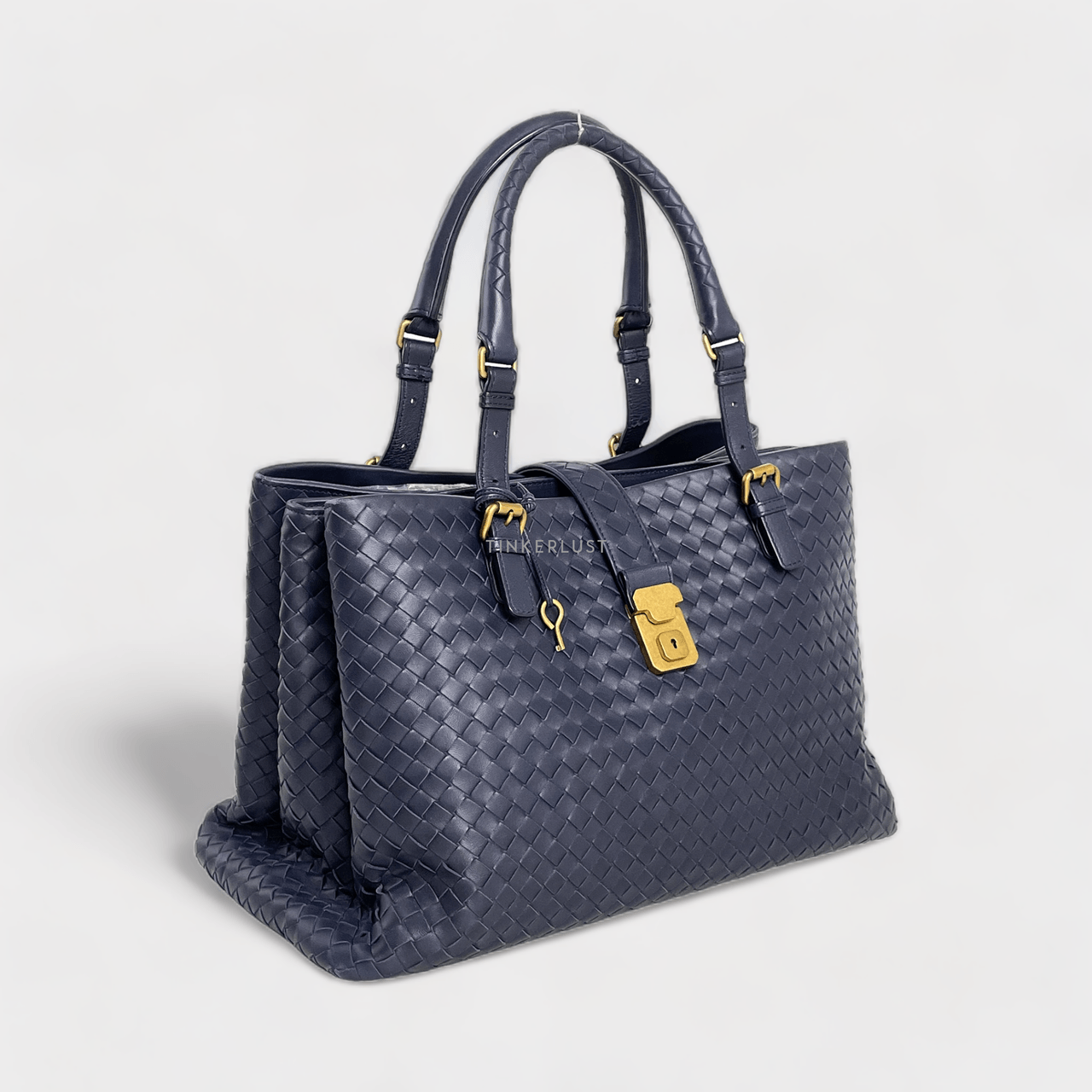 Bottega Veneta Navy Blue Intrecciato Leather Medium Roma Tote