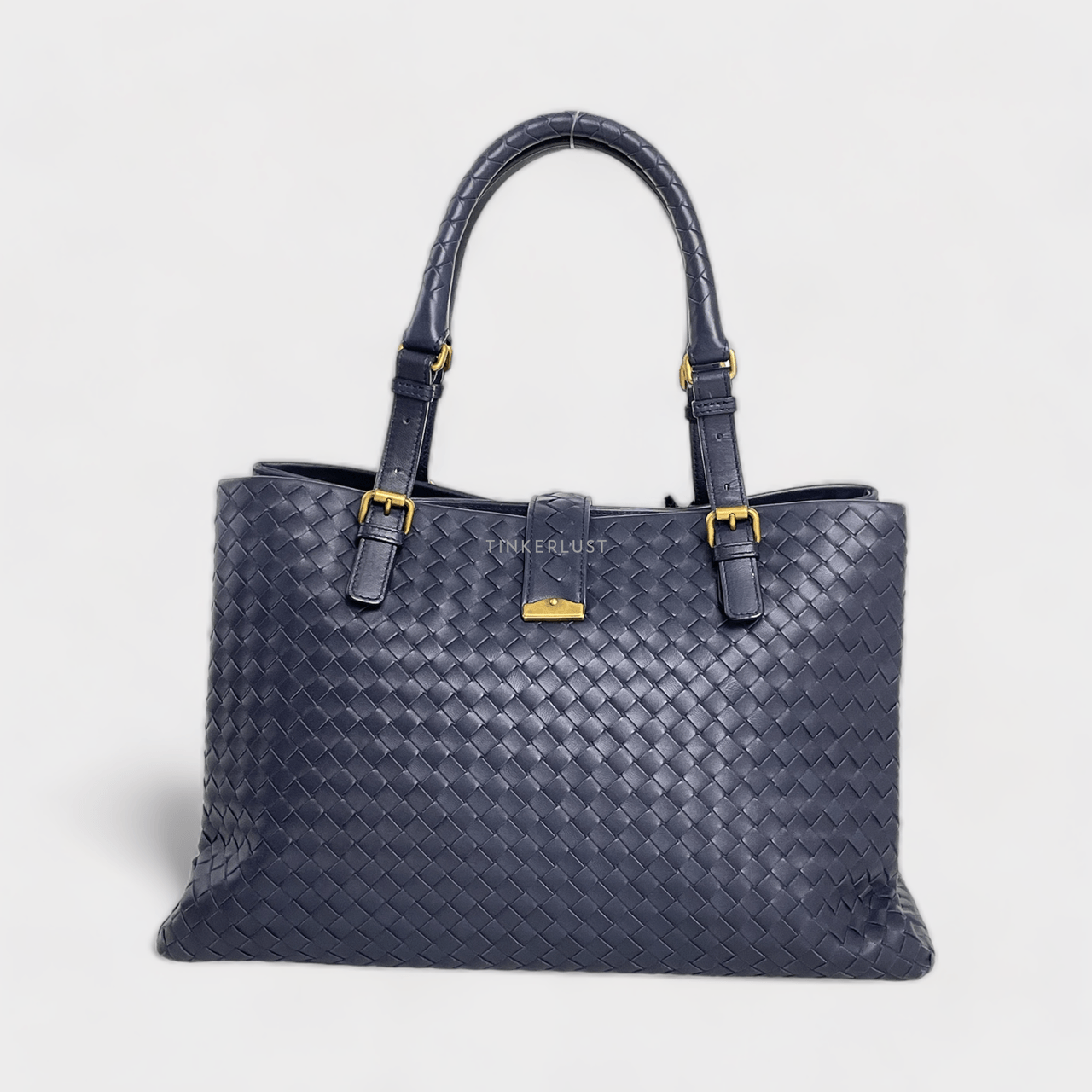 Bottega Veneta Navy Blue Intrecciato Leather Medium Roma Tote