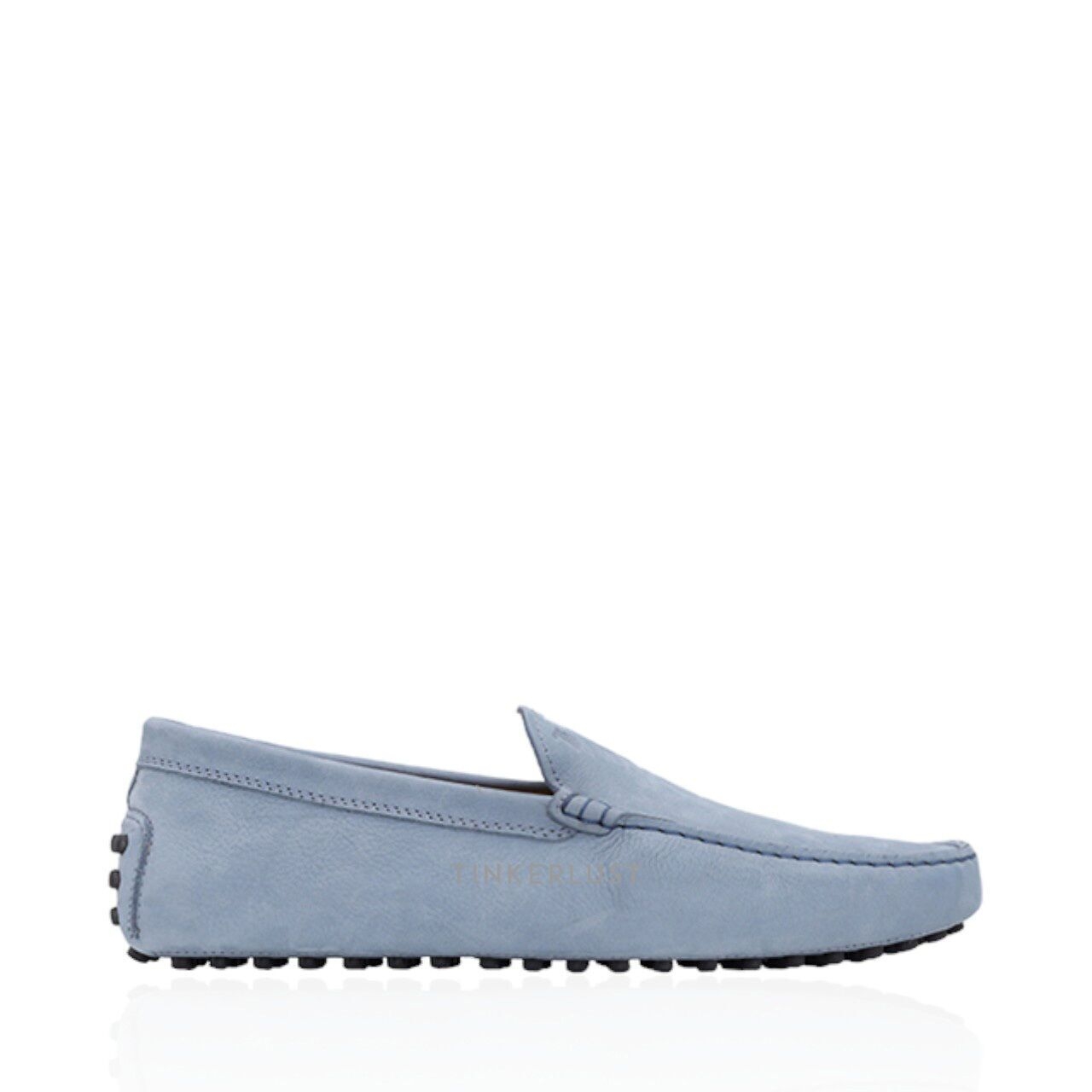 Tod's Men Gommino Driving Shoes in Light Blue Nubuck with Stamped Monogram