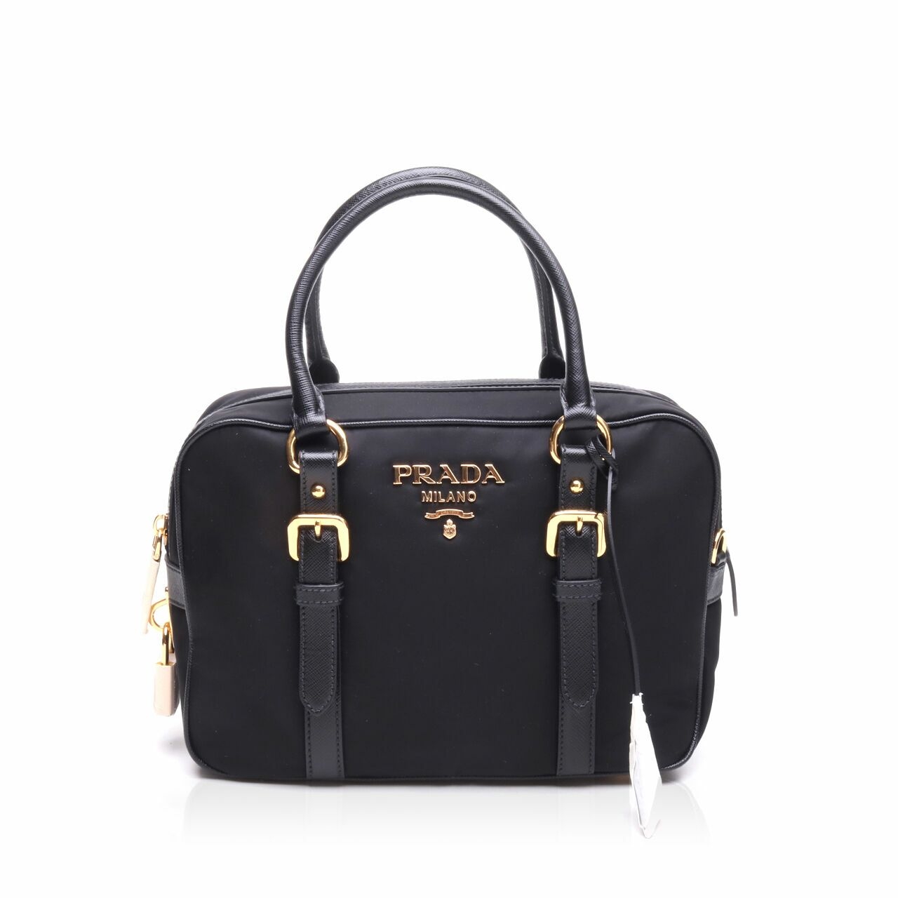 Prada 1BB088 Bauletto Saffiano Tessuto Nero Black Nylon Top Handle Satchel