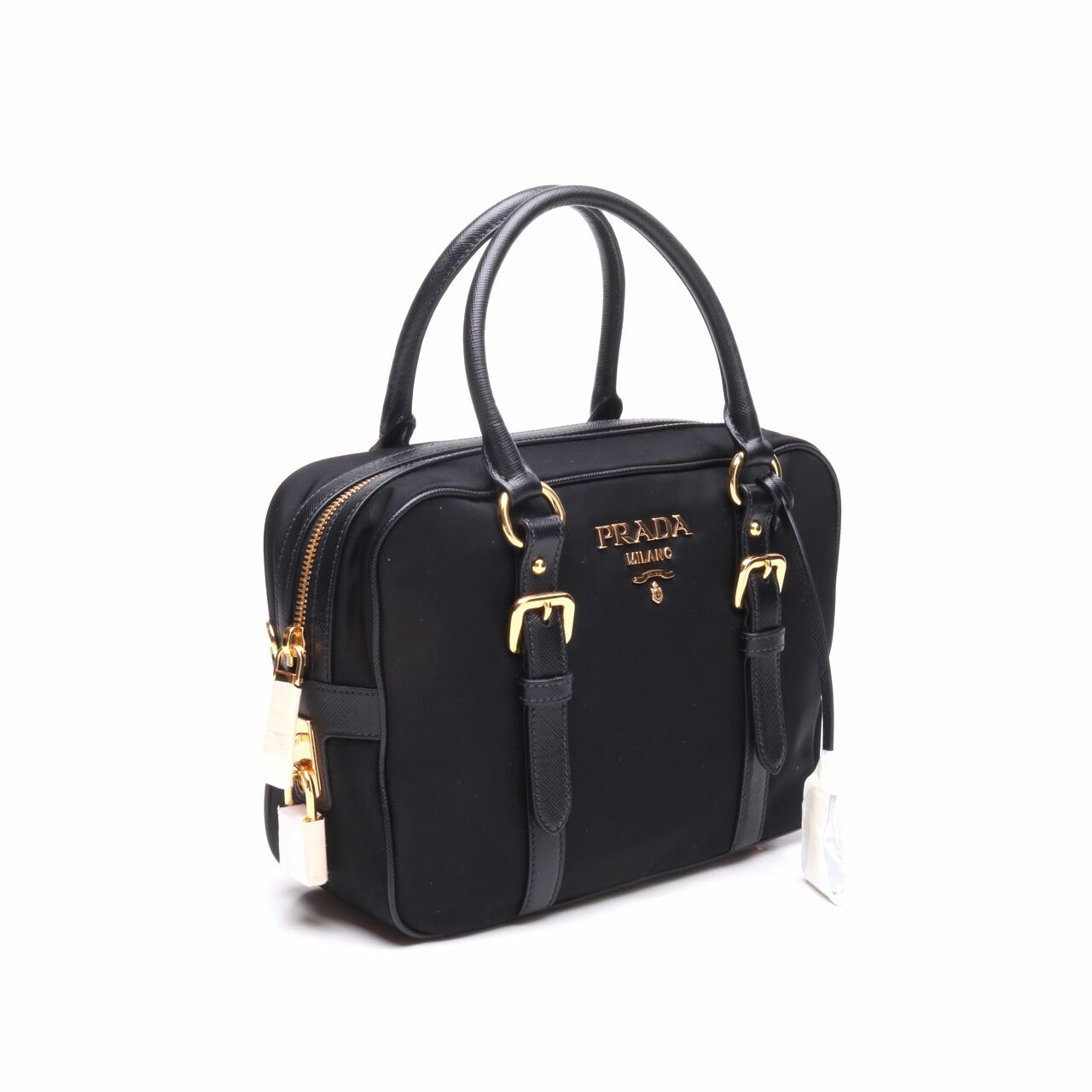 Prada 1BB088 Bauletto Saffiano Tessuto Nero Black Nylon Top Handle Satchel