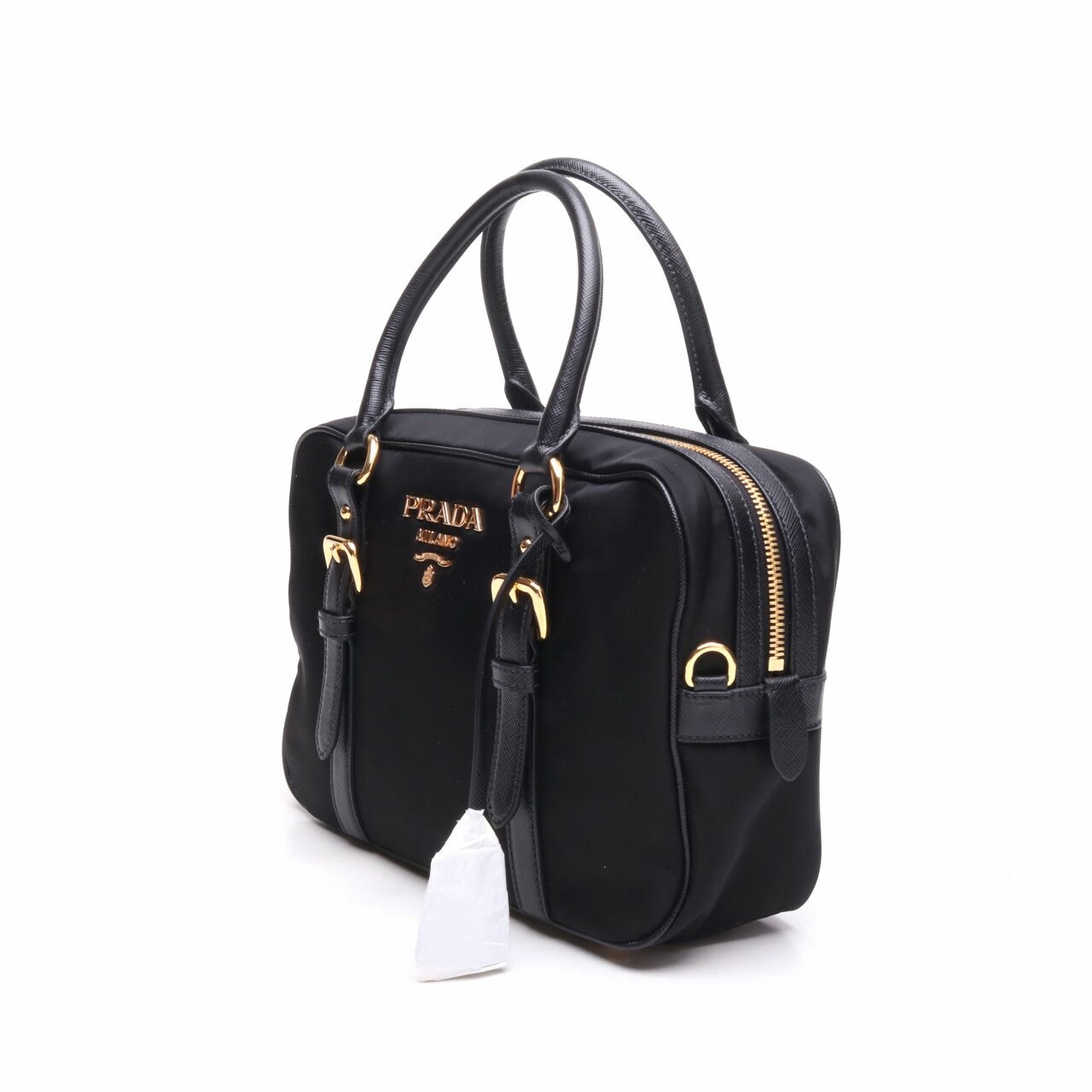 Prada 1BB088 Bauletto Saffiano Tessuto Nero Black Nylon Top Handle Satchel