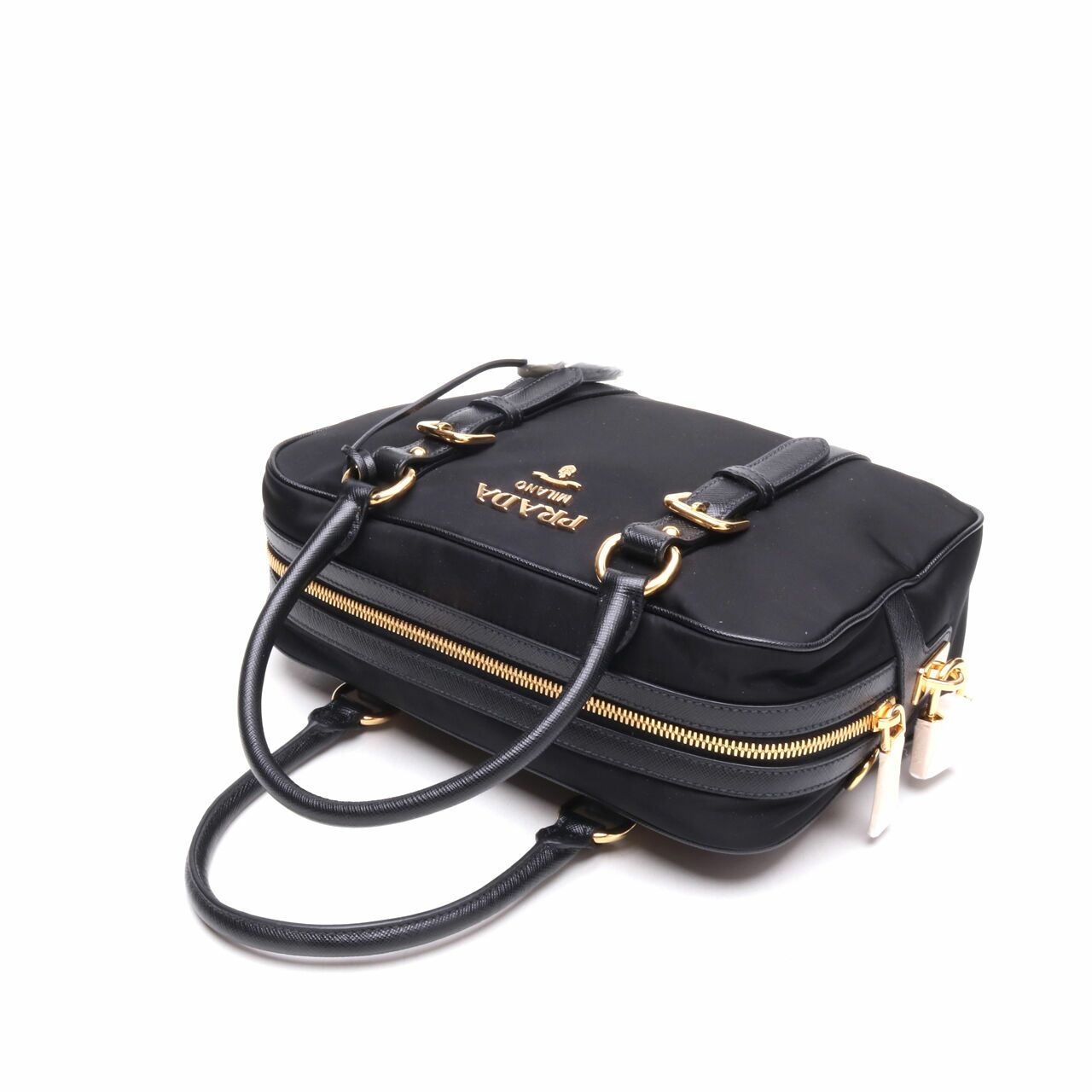 Prada 1BB088 Bauletto Saffiano Tessuto Nero Black Nylon Top Handle Satchel