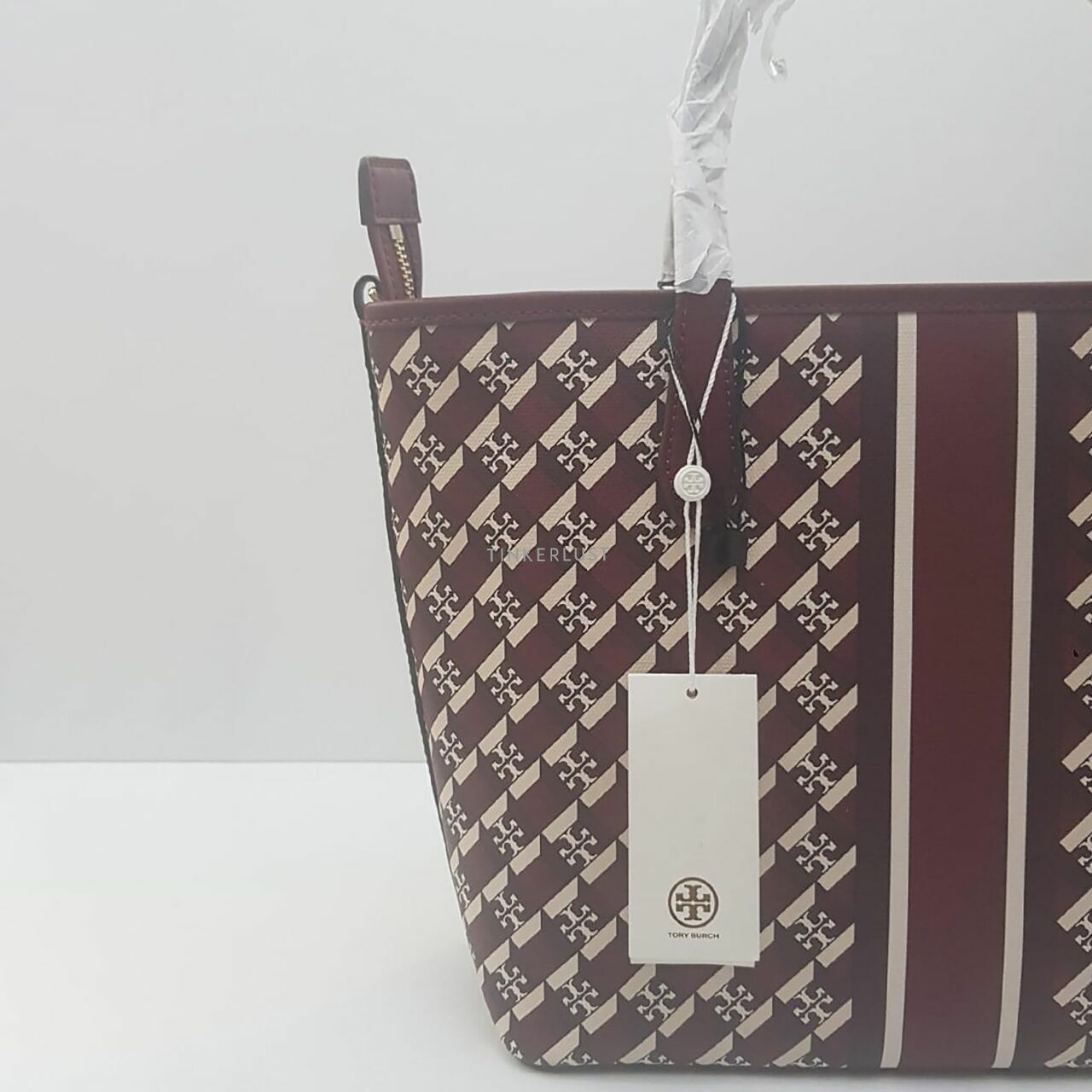 Tory Burch Geo Logo Mini Small Zip Top Tote with Longstrap Crimson Red Stripe