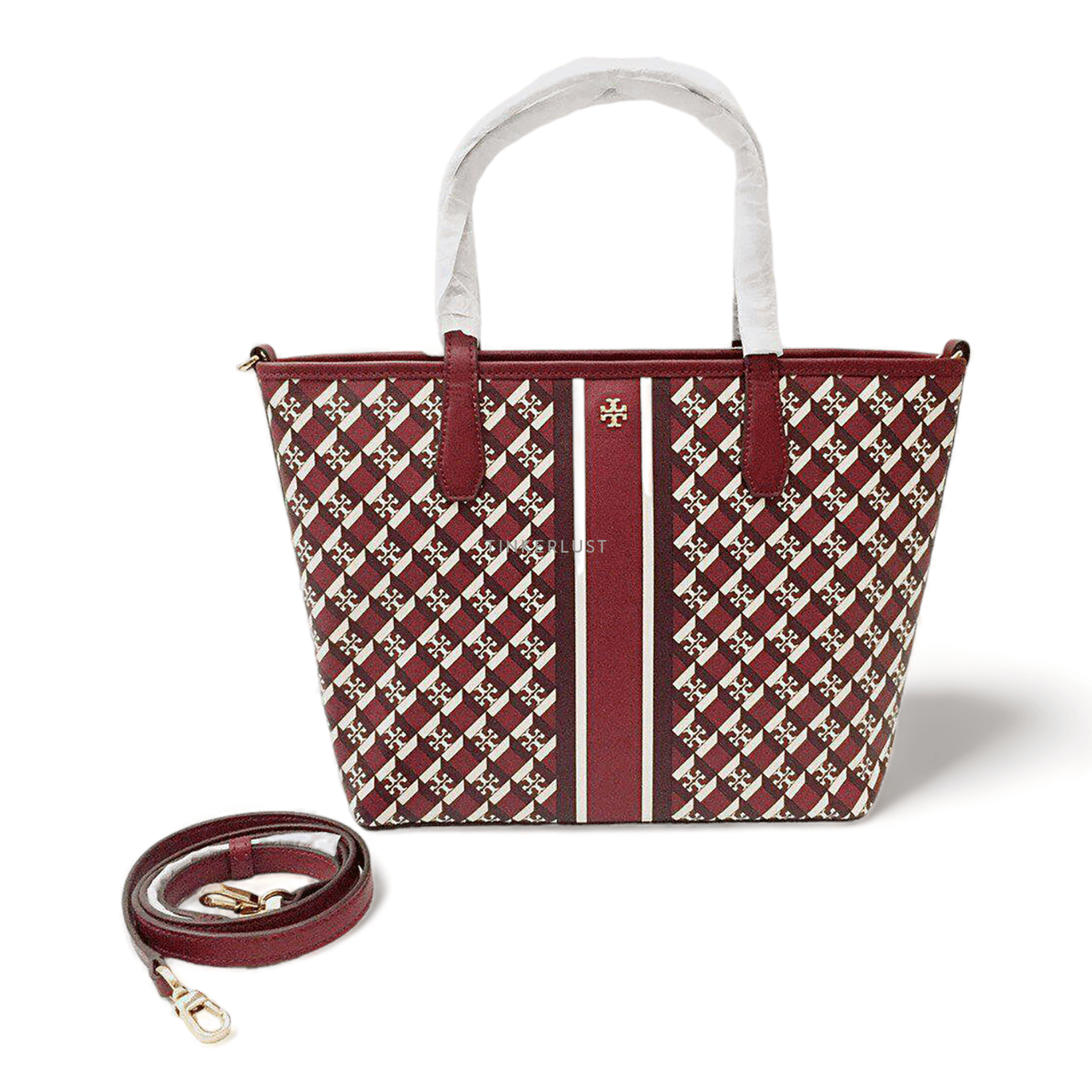 Tory Burch Geo Logo Mini Small Zip Top Tote with Longstrap Crimson Red Stripe