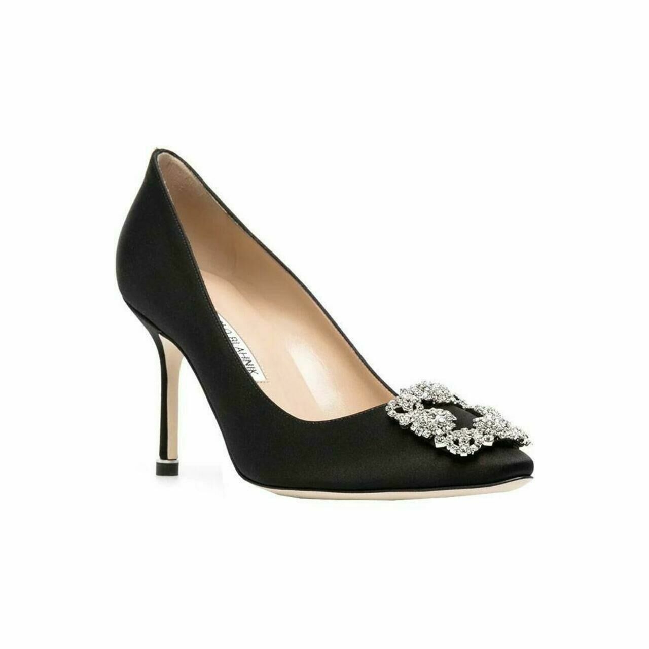 Manolo Blahnik Hangisi 90 Satin Pumps With CLC Crystal Buckle Black