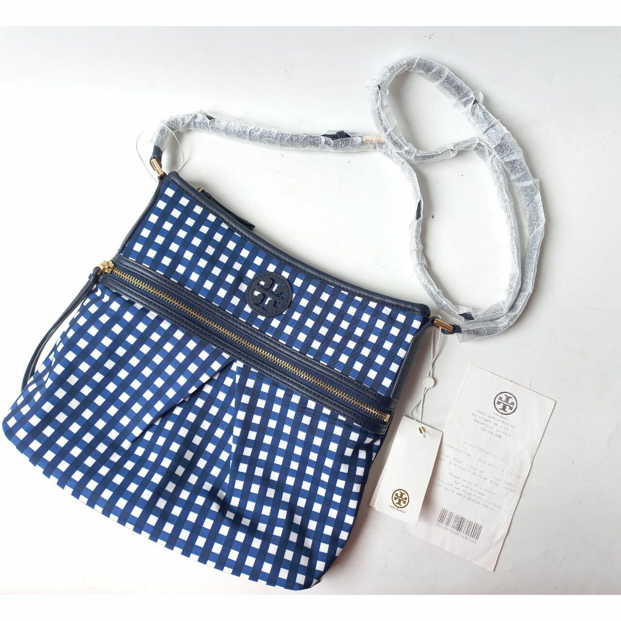 Tory Burch Nylon Swing Pack Royal Navy Check Sling Bag