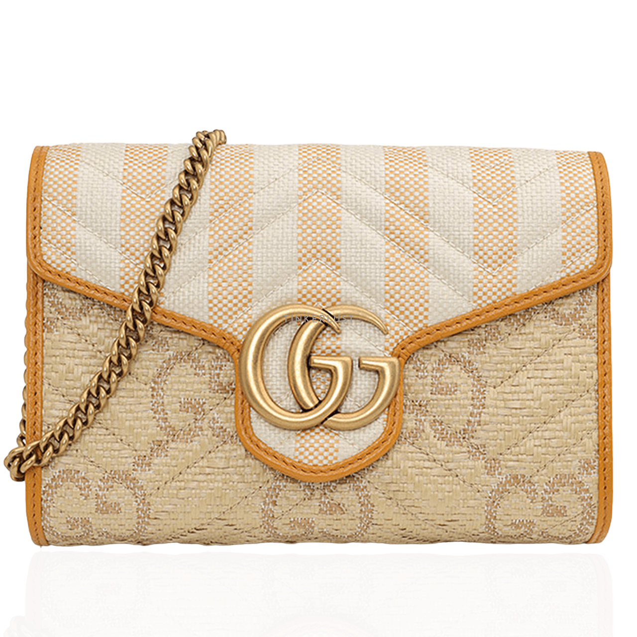 Gucci Mini GG Marmont Wallet on Chain in Beige/Orange Raffia Effect GHW Sling Bag