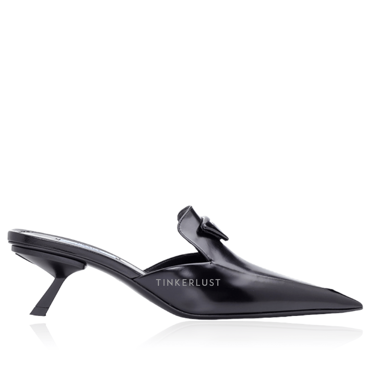 Prada Women Triangle Logo Sabots 60mm in Black Brushed Leather Heels	