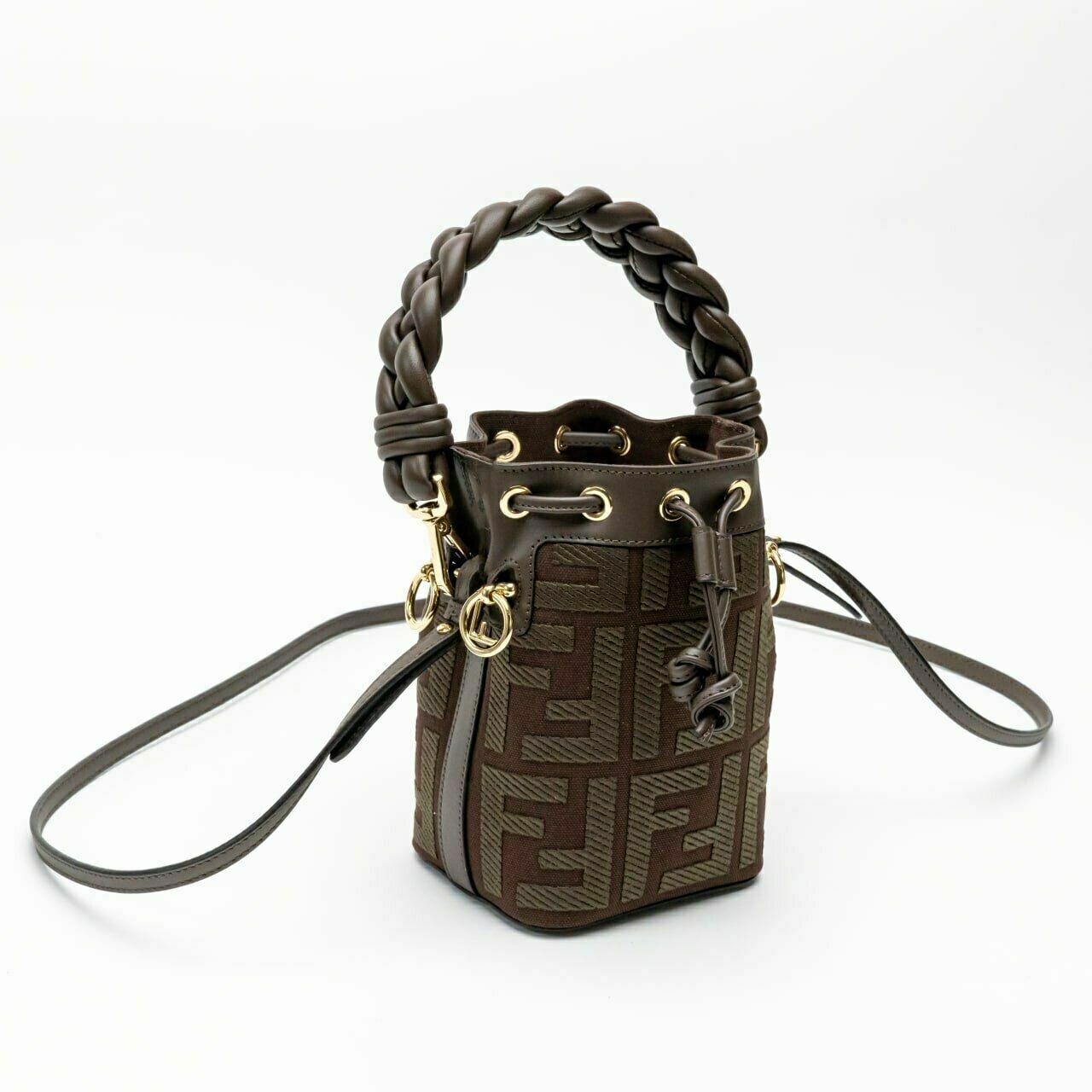 Fendi Mini Mon Tresor FF Canvas Bucket Bag Brown