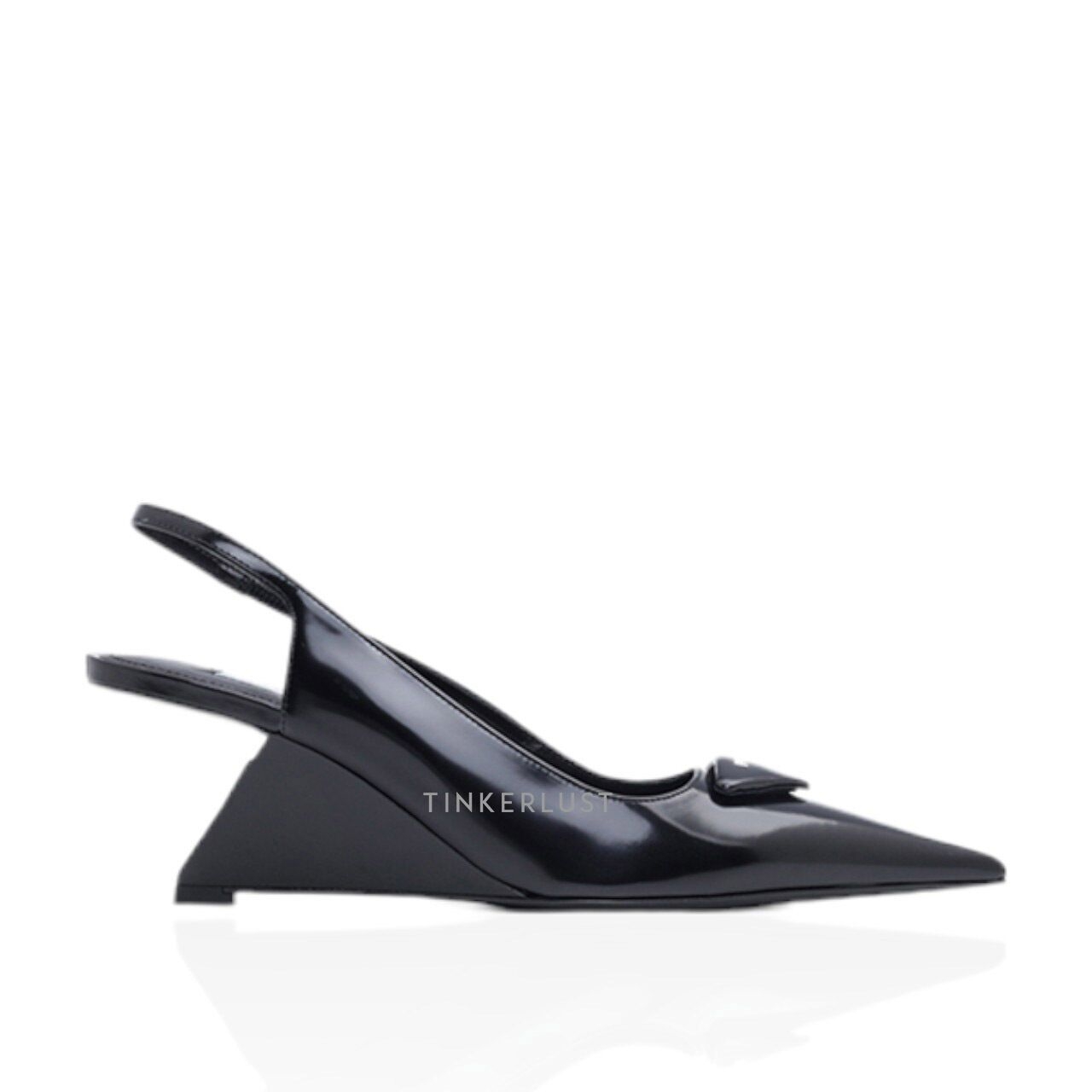 Prada Triangle Logo Slingback Pumps 65mm in Black Brushed Leather Wedges