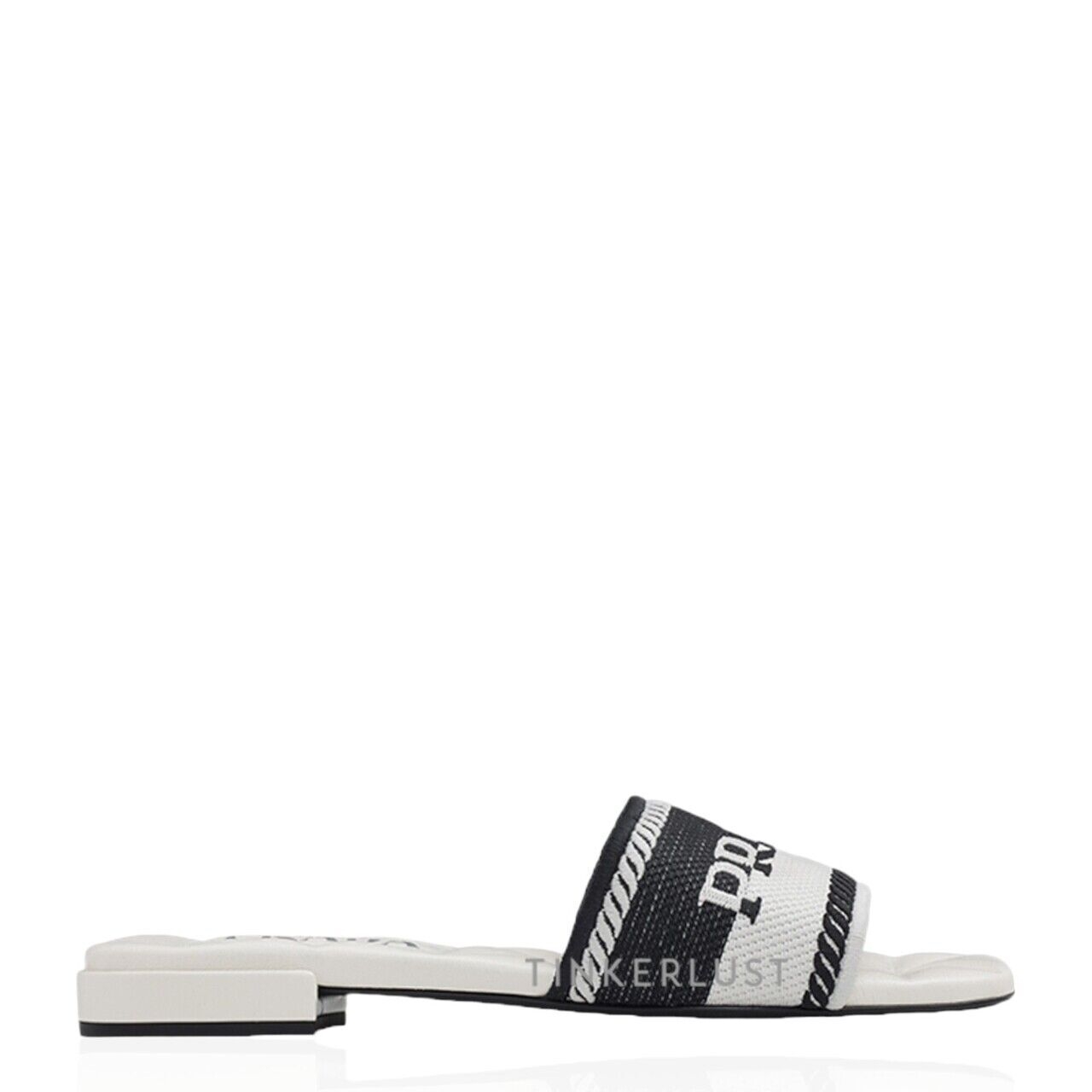 Prada Women Embroidered Lettering Logo Slides in Black/Chalk White with Quilted Sole Sandals