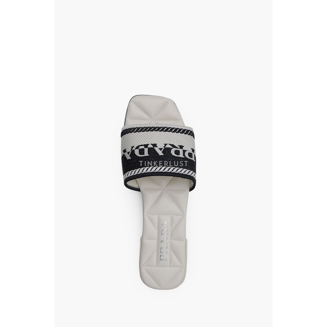 Prada Women Embroidered Lettering Logo Slides in Black/Chalk White with Quilted Sole Sandals