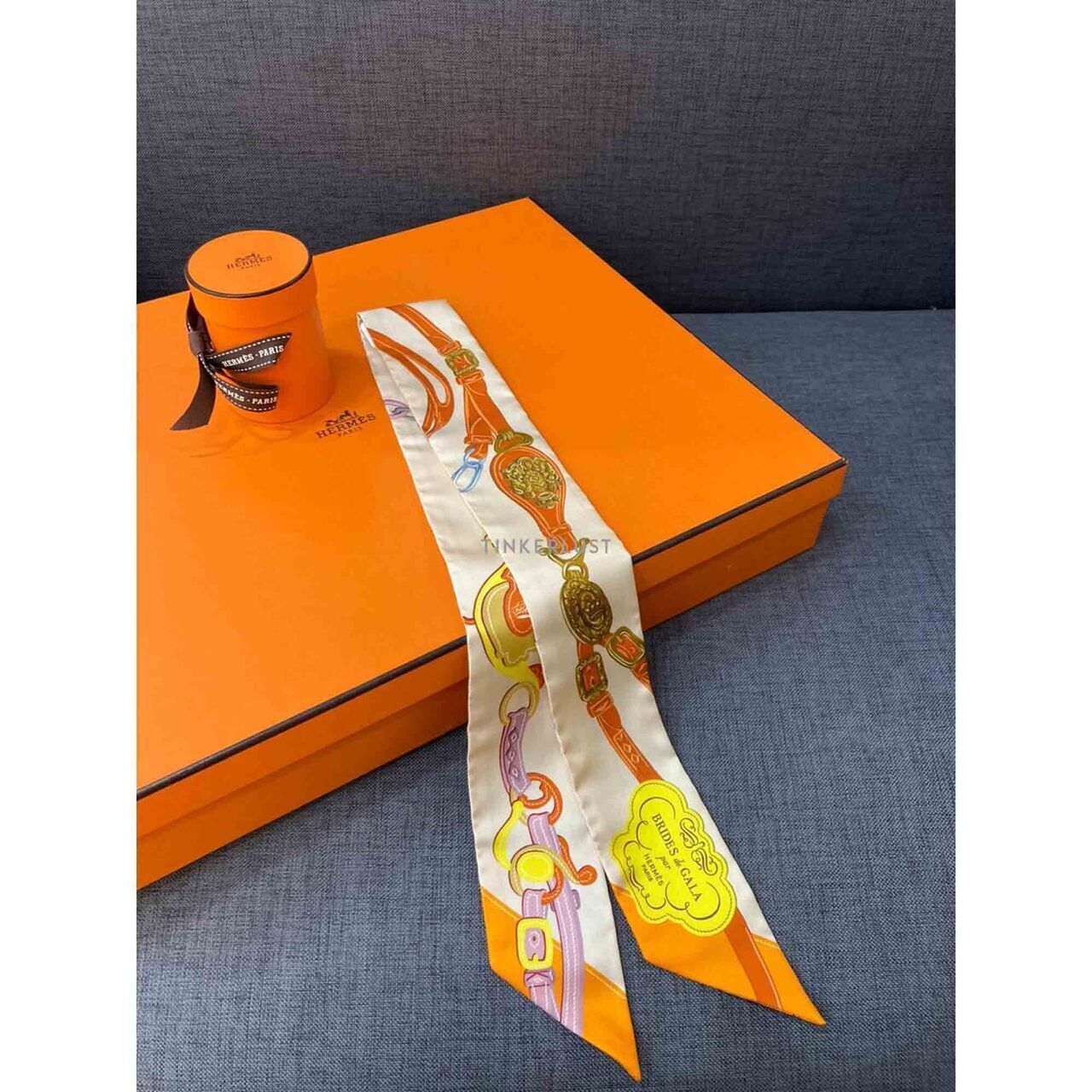 Hermes Twilly Creme/Oange/Jaune Silk Scarf