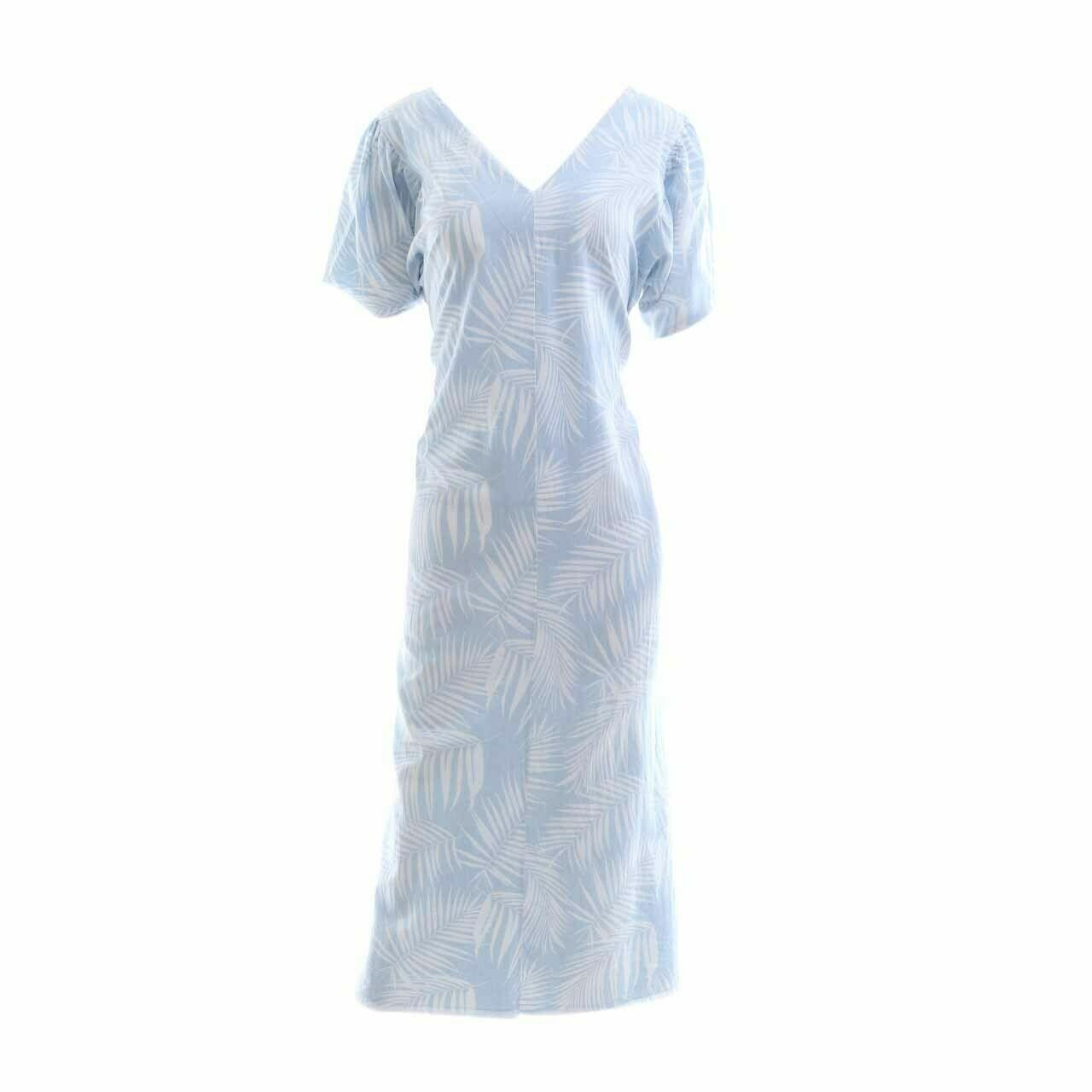 Pomelo. Light Blue & White Leaf Printed Midi Dress