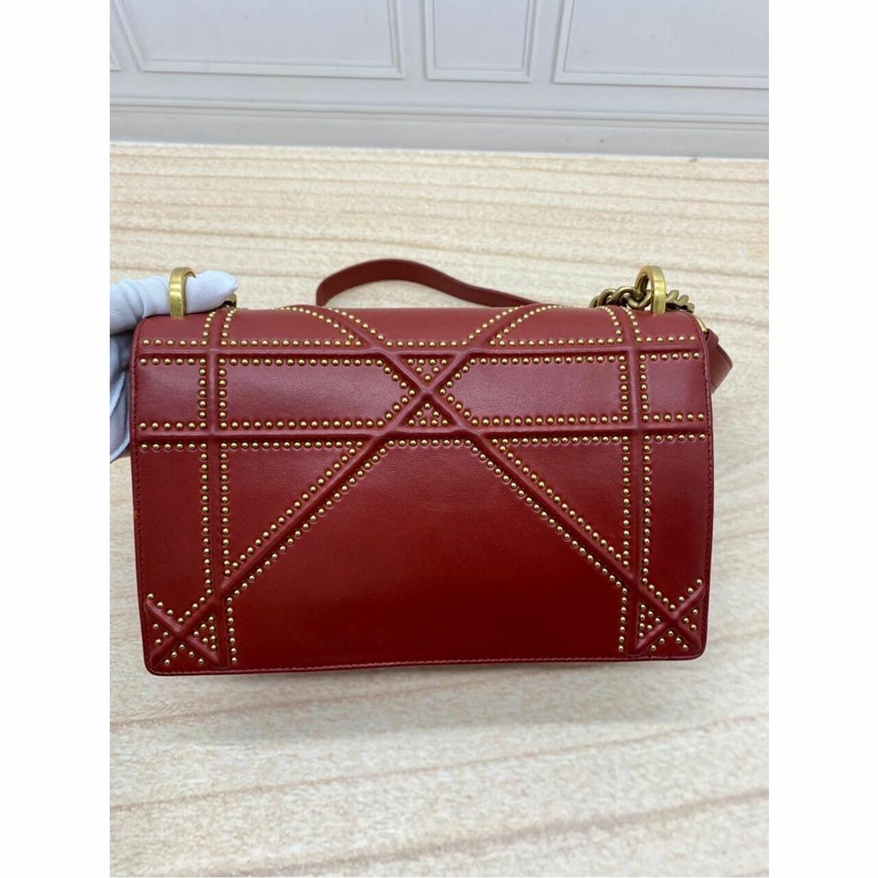 CHRISTIAN DIOR Calfskin Studded Medium Diorama Flap Bag Burgundy 2017