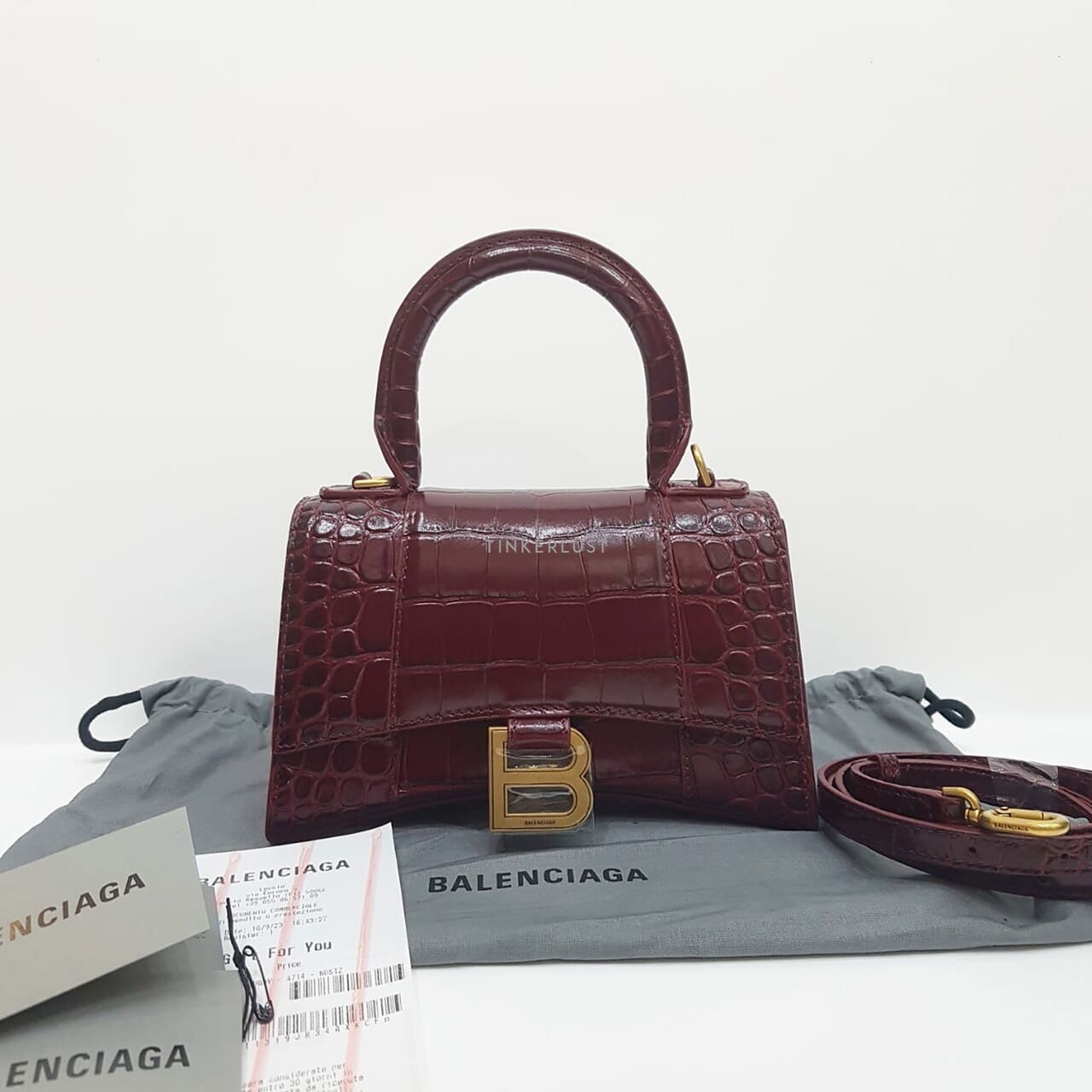 Balenciaga Hourglass XS Top Handle Croco Maroon Bordeaux Dark Red GHW Satchel Bag