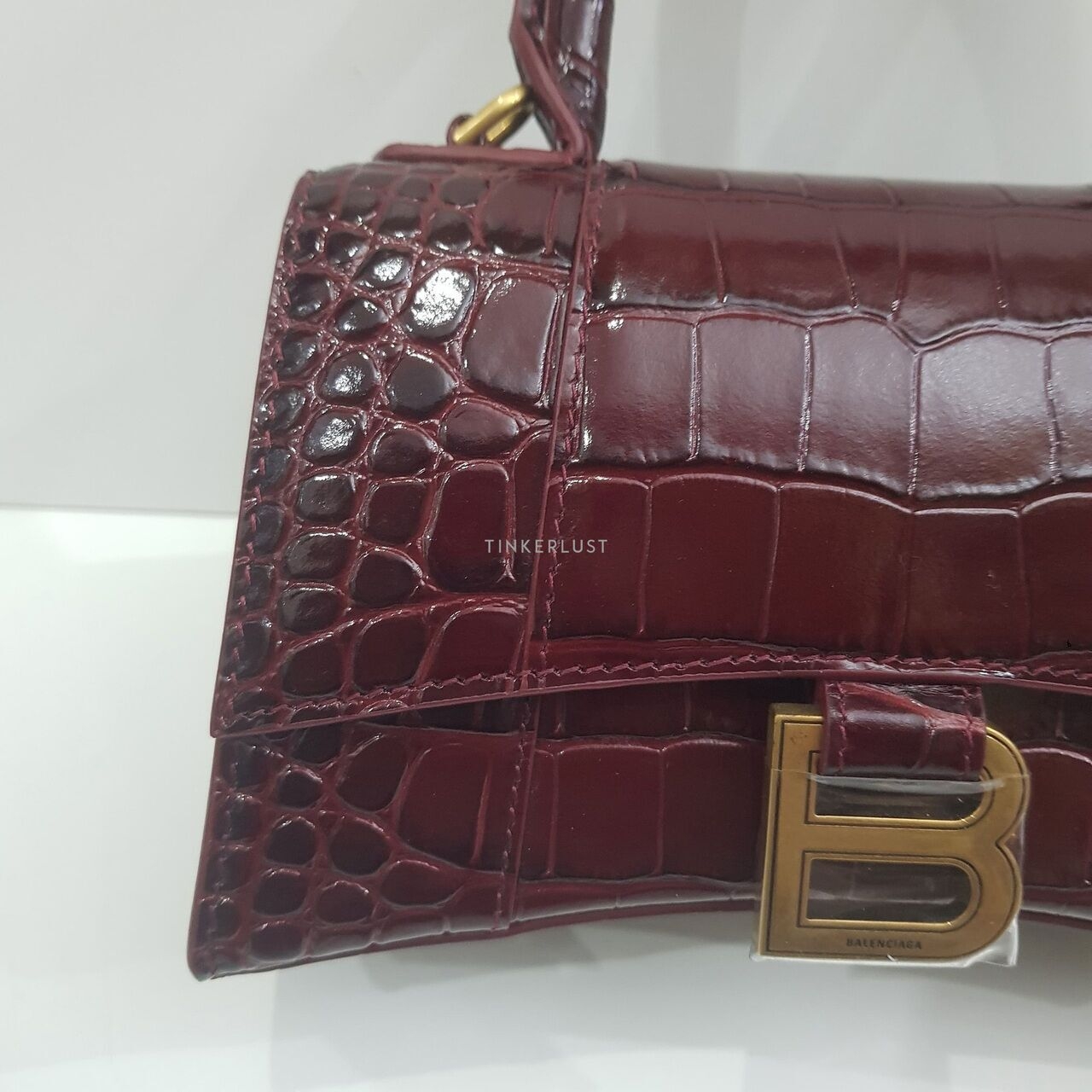 Balenciaga Hourglass XS Top Handle Croco Maroon Bordeaux Dark Red GHW Satchel Bag