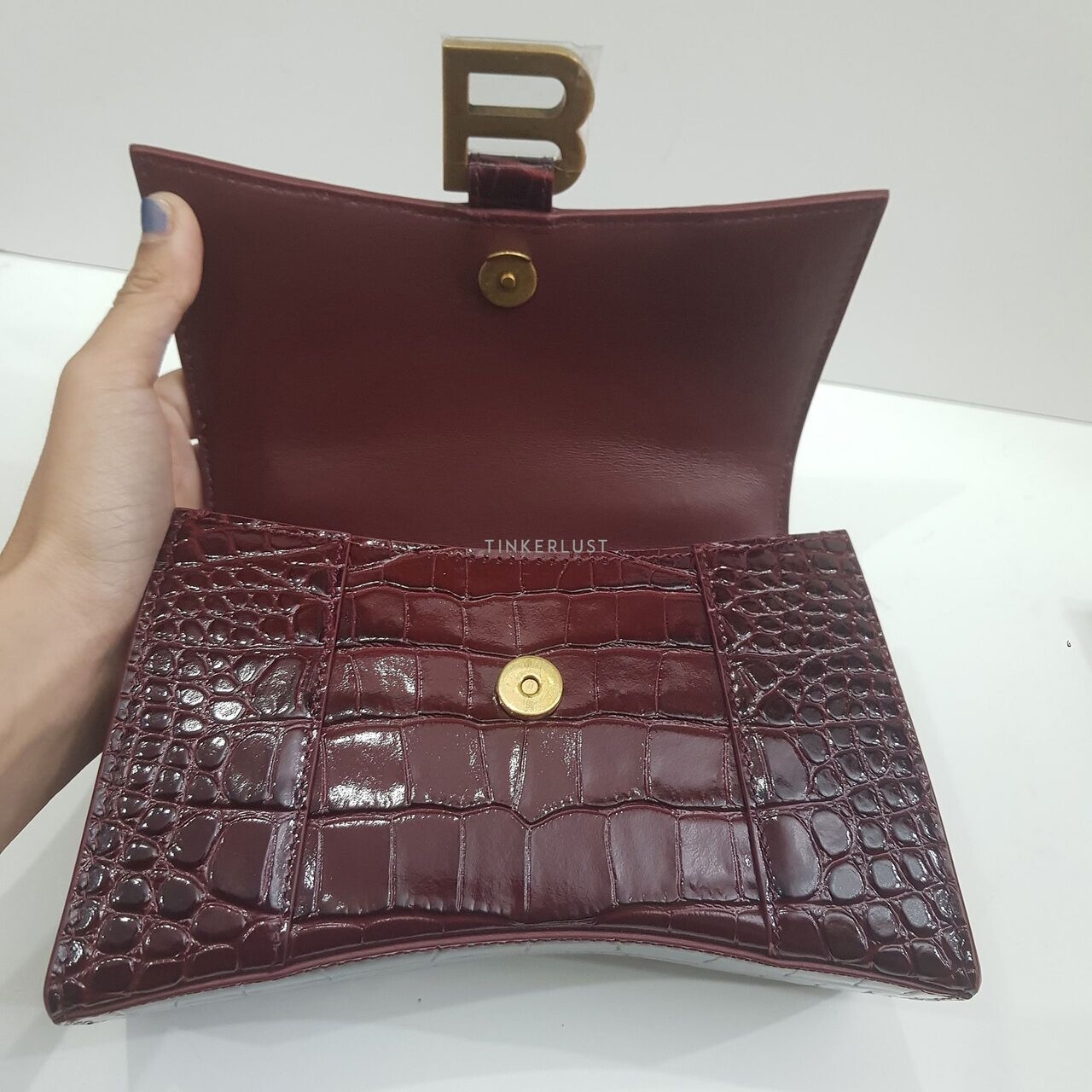 Balenciaga Hourglass XS Top Handle Croco Maroon Bordeaux Dark Red GHW Satchel Bag