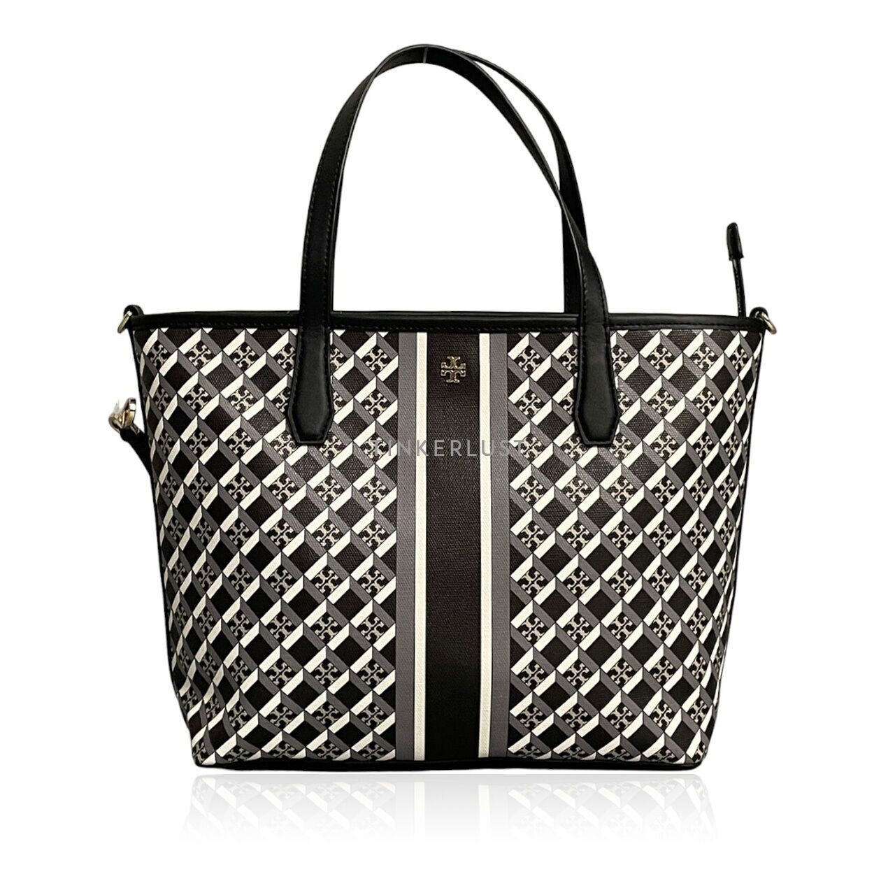 Tory Burch Geo Logo Allover Stripe Mini Black Zip Tote Bag