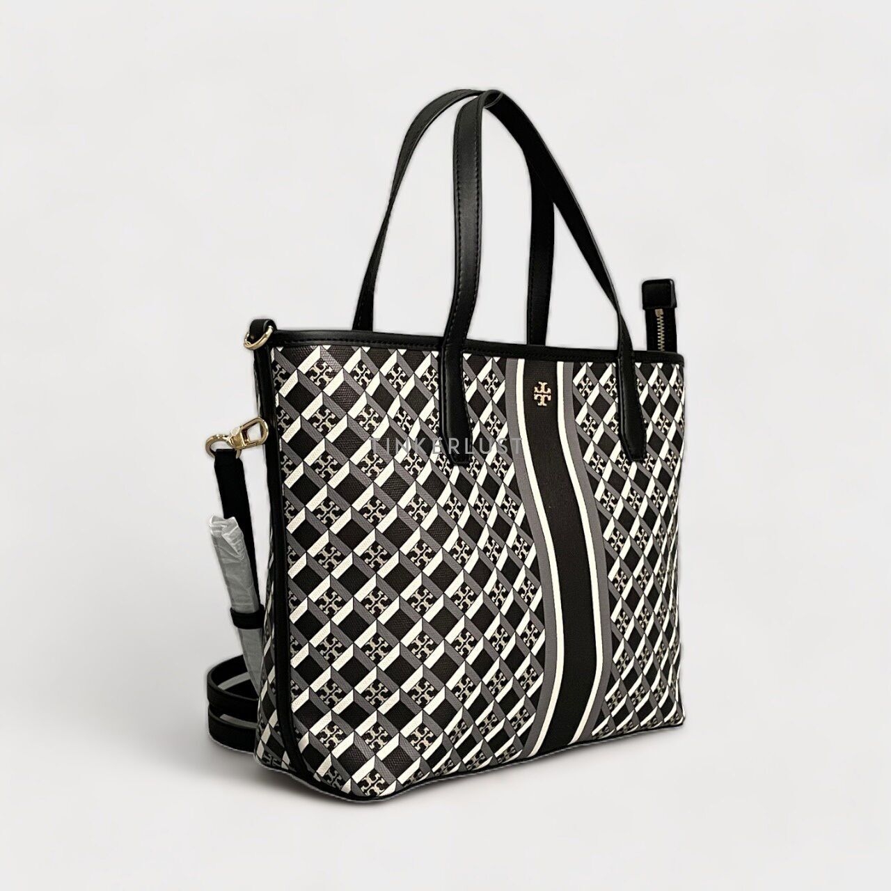 Tory Burch Geo Logo Allover Stripe Mini Black Zip Tote Bag