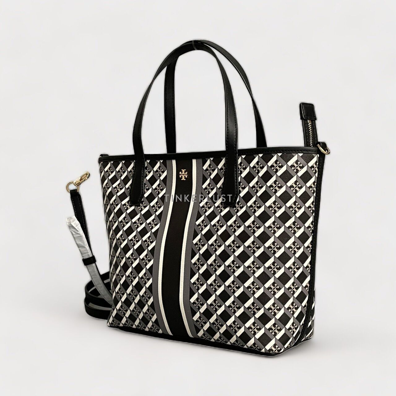 Tory Burch Geo Logo Allover Stripe Mini Black Zip Tote Bag