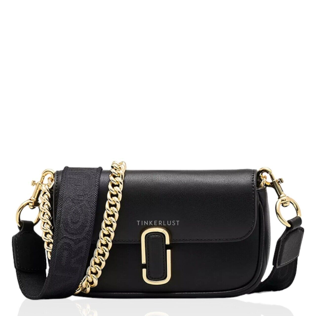 Marc Jacob Mini The J Marc in Black Smooth Leather with Webbing Strap Satchel Bag