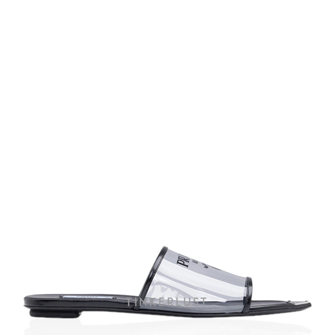 Prada Women Logo Print Plexiglas Flat Slides in Black with Triangle Logo on Sole