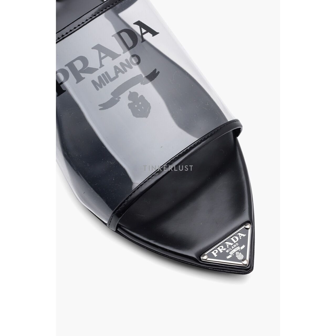 Prada Women Logo Print Plexiglas Flat Slides in Black with Triangle Logo on Sole