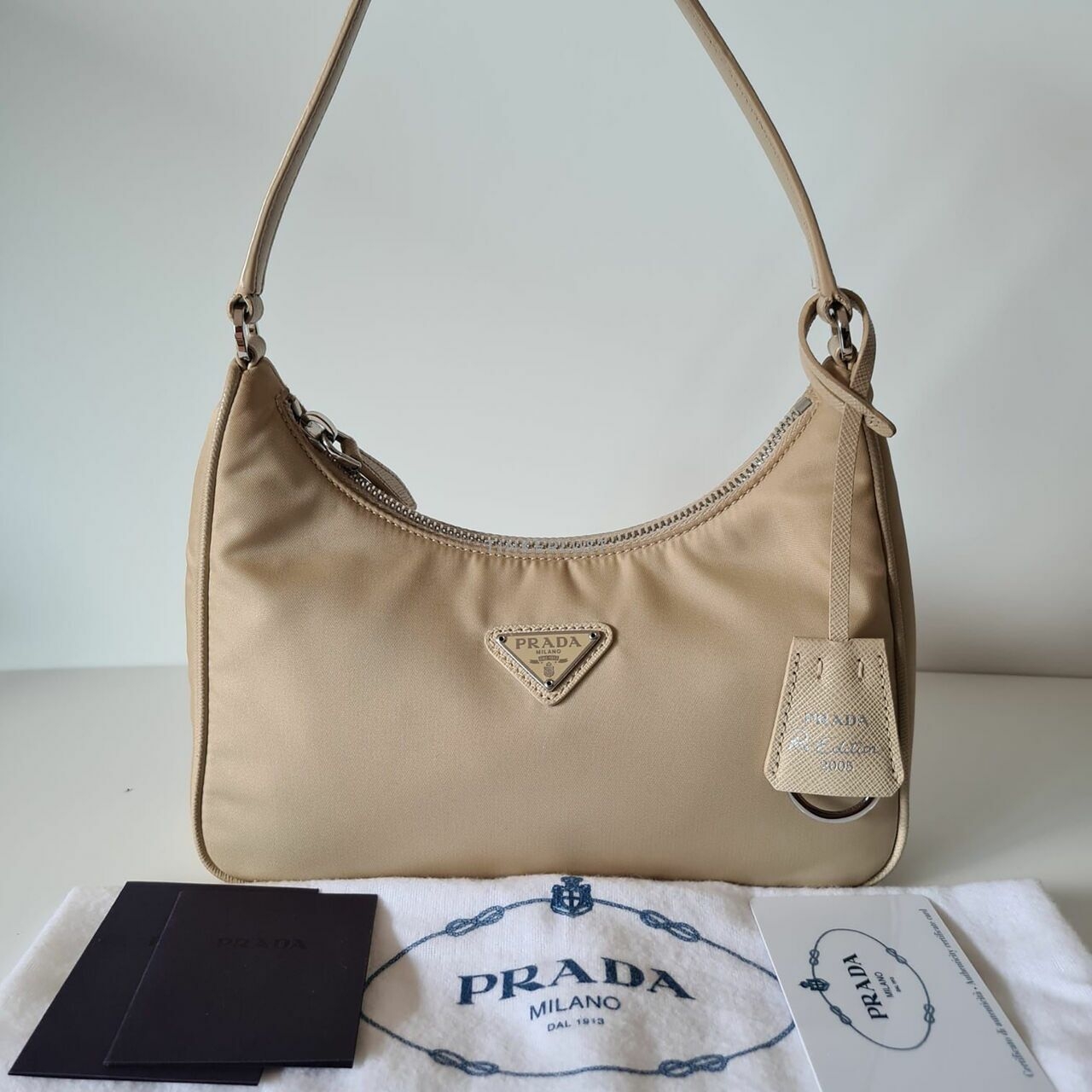 Prada Re-Edition Hobo Bag Beige Handle Leather 2022 Handbag