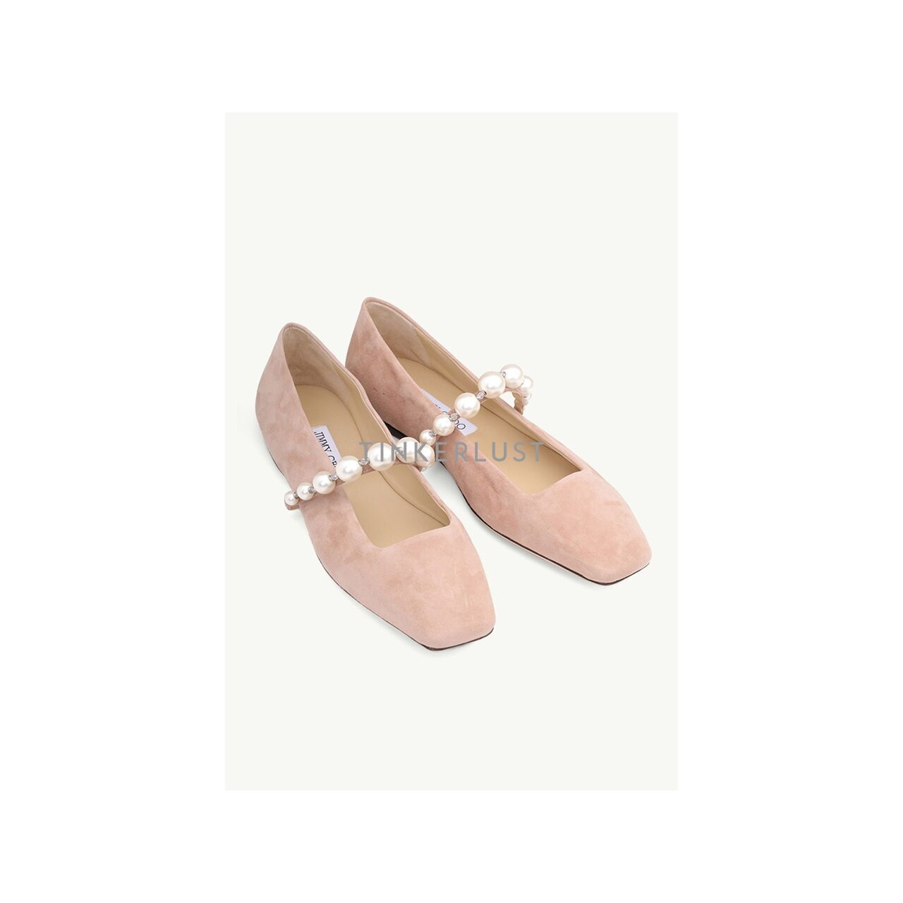 Jimmy Choo Ade Flat in Ballet Pink/White Suede with Pearl Embellishment Flats