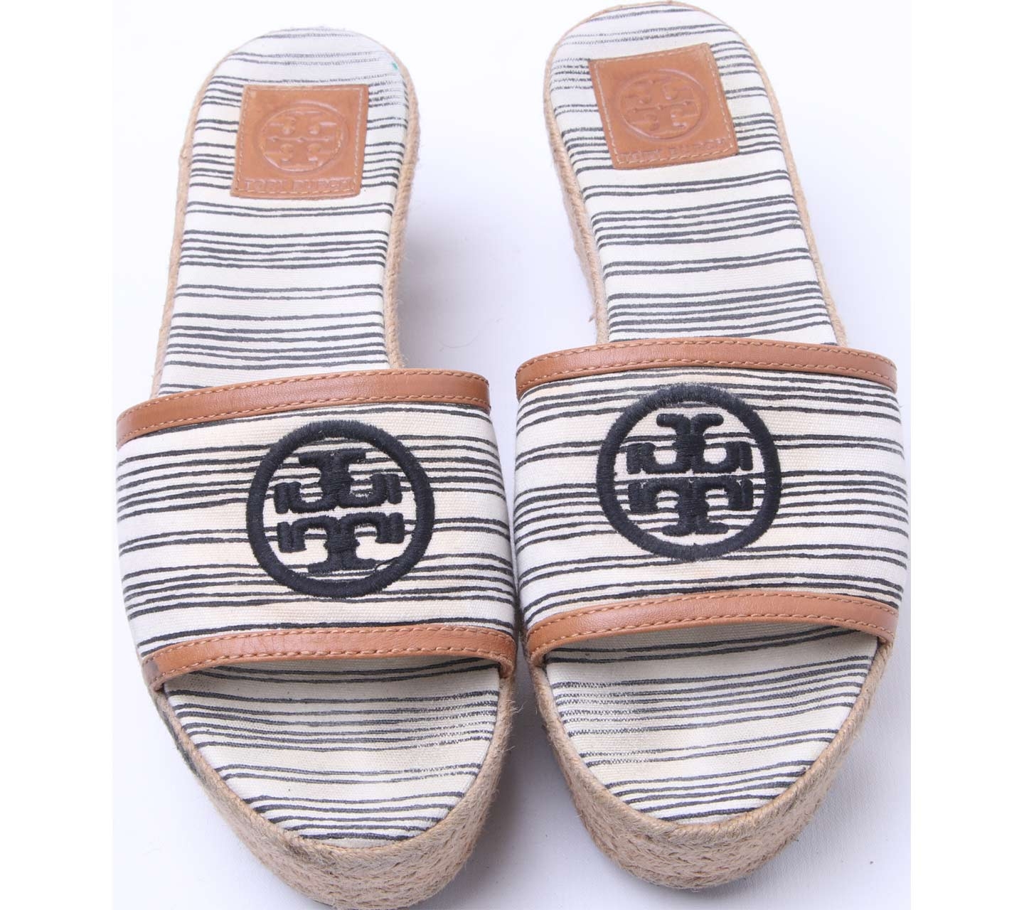 Tory burch Black Stripe Logo Espadrille Wedge Slide Sandals