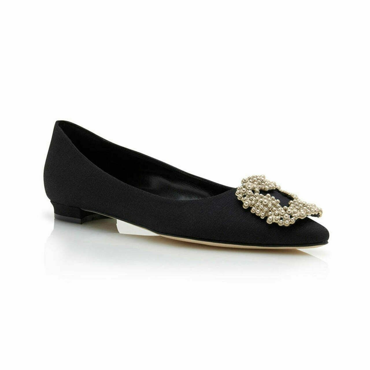 Manolo Blahnik Hangisi Flat Linen with Pearl Buckle Black