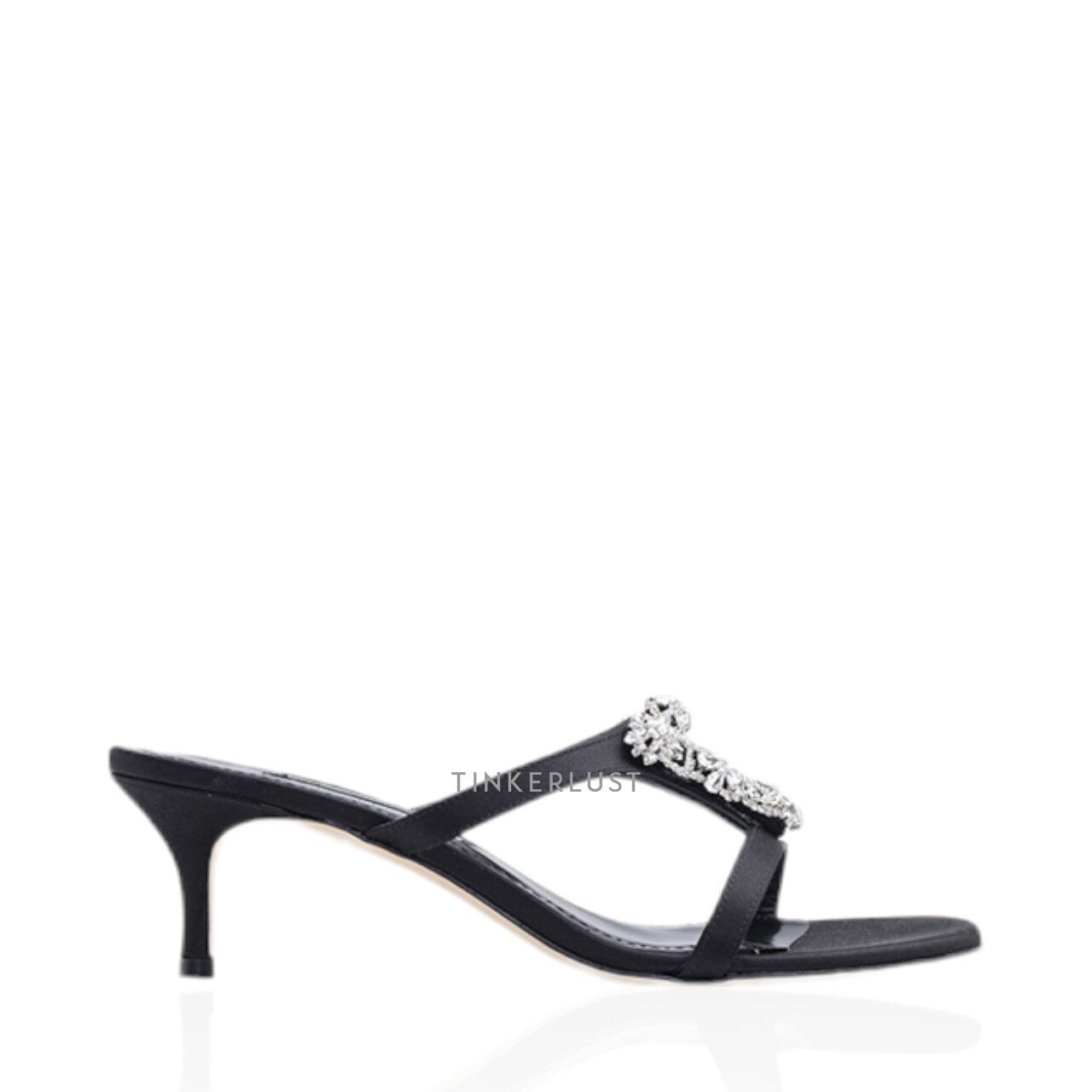 Manolo Blahnik Trinamu Triangular Embellished Black Satin & White Crystal Heels