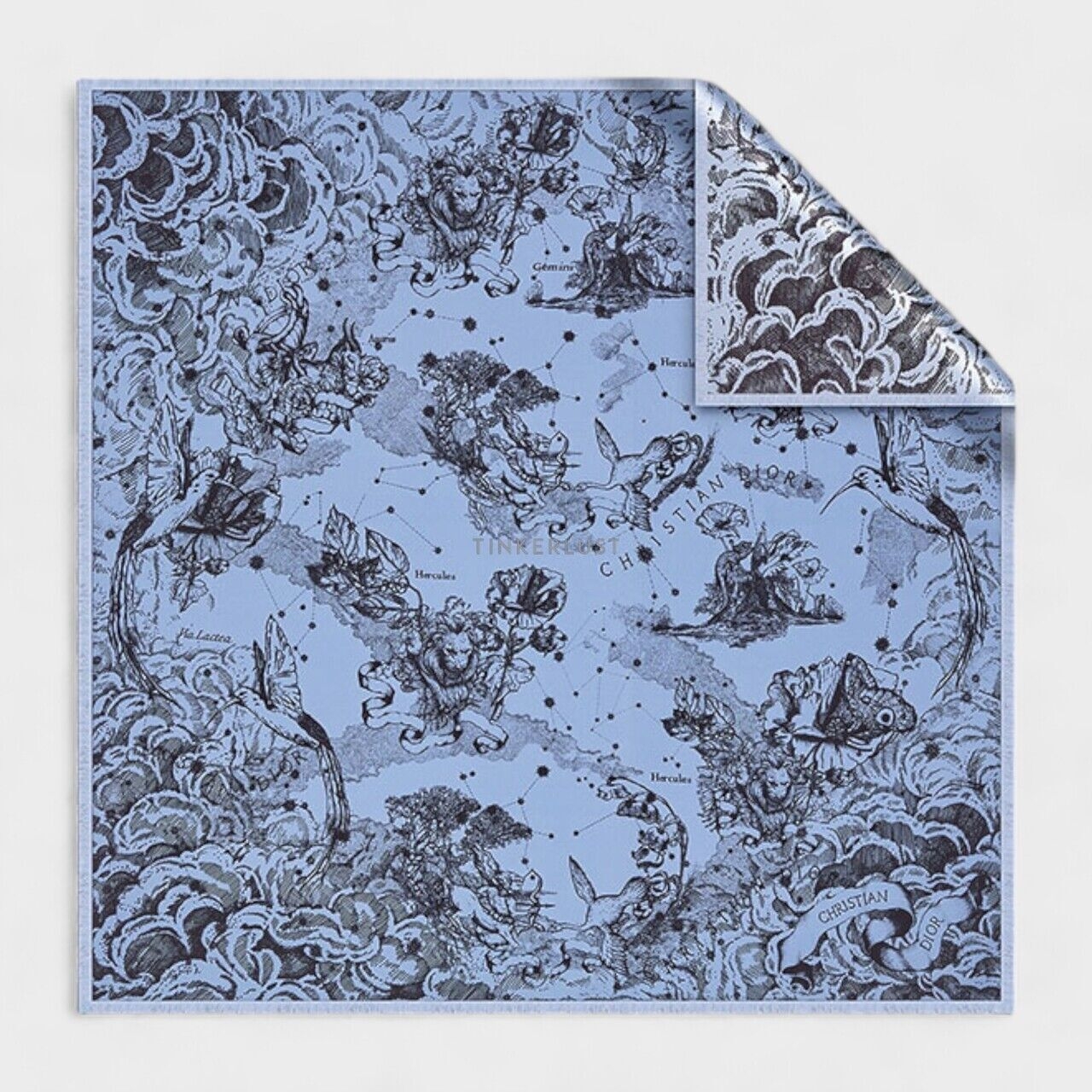 Christian Dior Toile de Jouy Zodiac 70 Square Scarf in Blue/Black Silk Twill Scarf