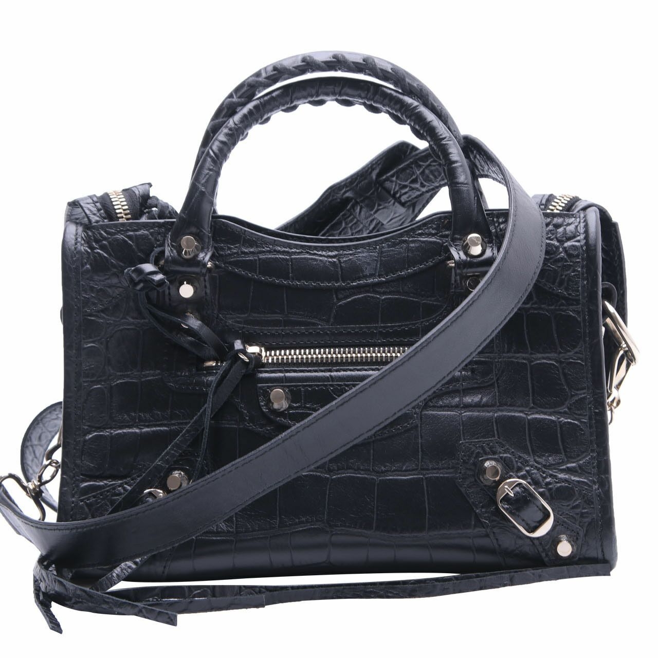 Balenciaga Classic City Mini Black Croco Embossed Satchel Bag