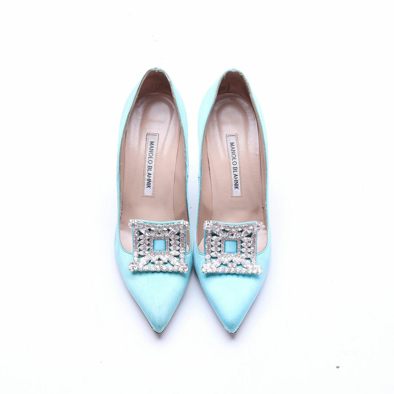 Manolo Blahnik Borlak Blue Satin Heels