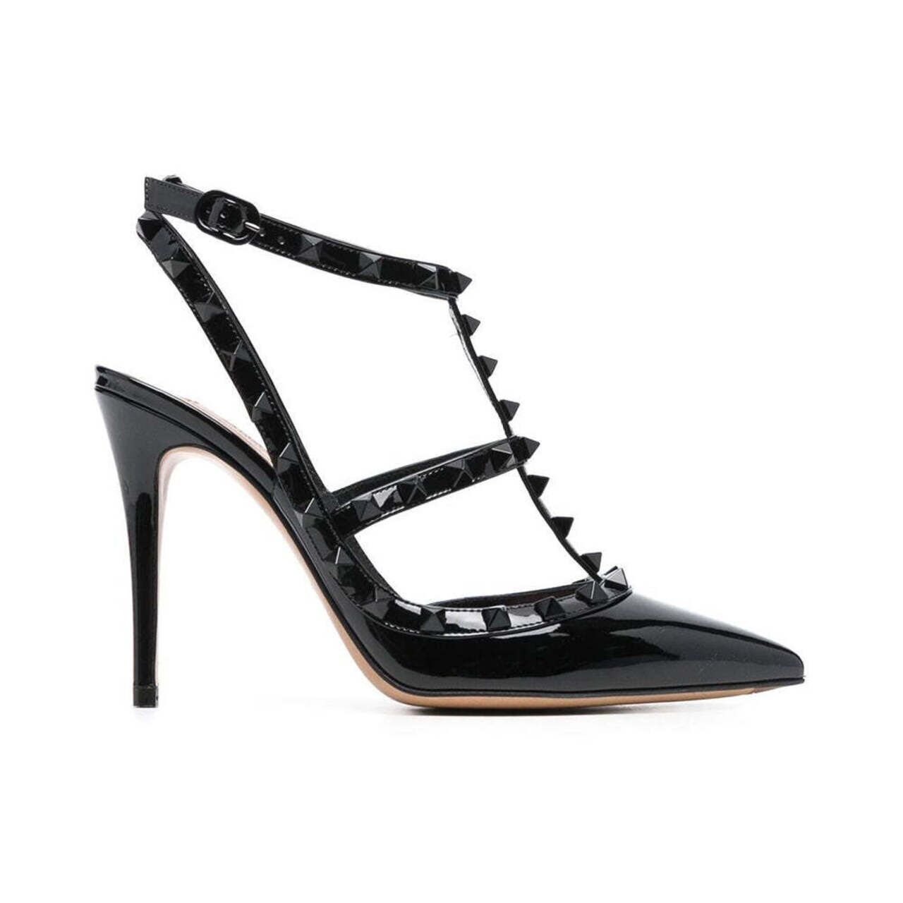 Valentino Garavani Rockstud 100mm Ankle Strap Heels Patent Black