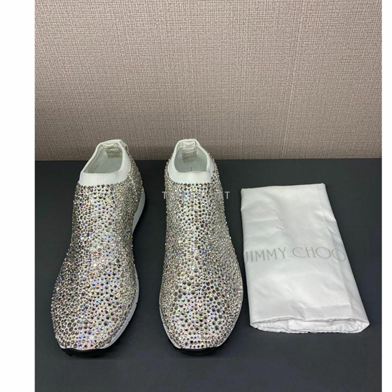 Jimmy Choo Norway Silver Embellished Stretch Knit Slip-On Sneakers