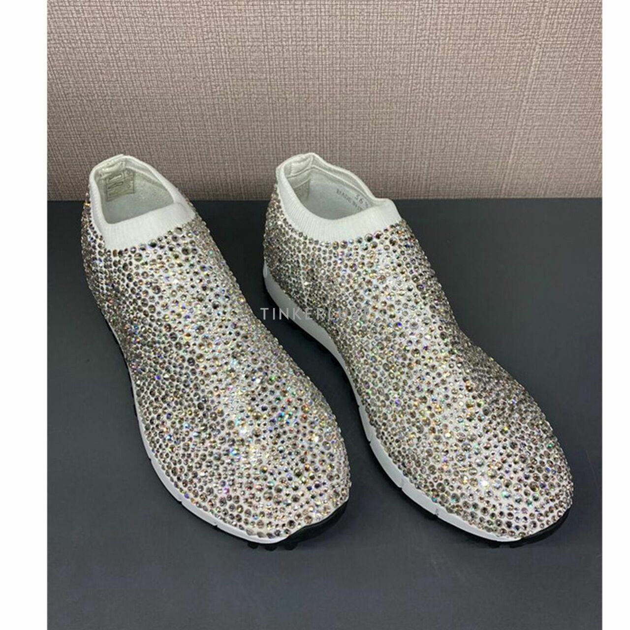 Jimmy Choo Norway Silver Embellished Stretch Knit Slip-On Sneakers