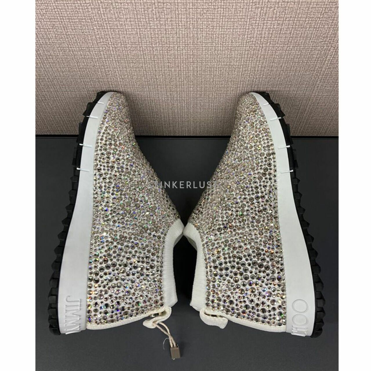 Jimmy Choo Norway Silver Embellished Stretch Knit Slip-On Sneakers