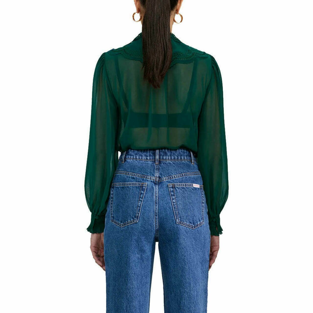 Self Portrait Broderie Collar Chiffon Blouse Dark Green