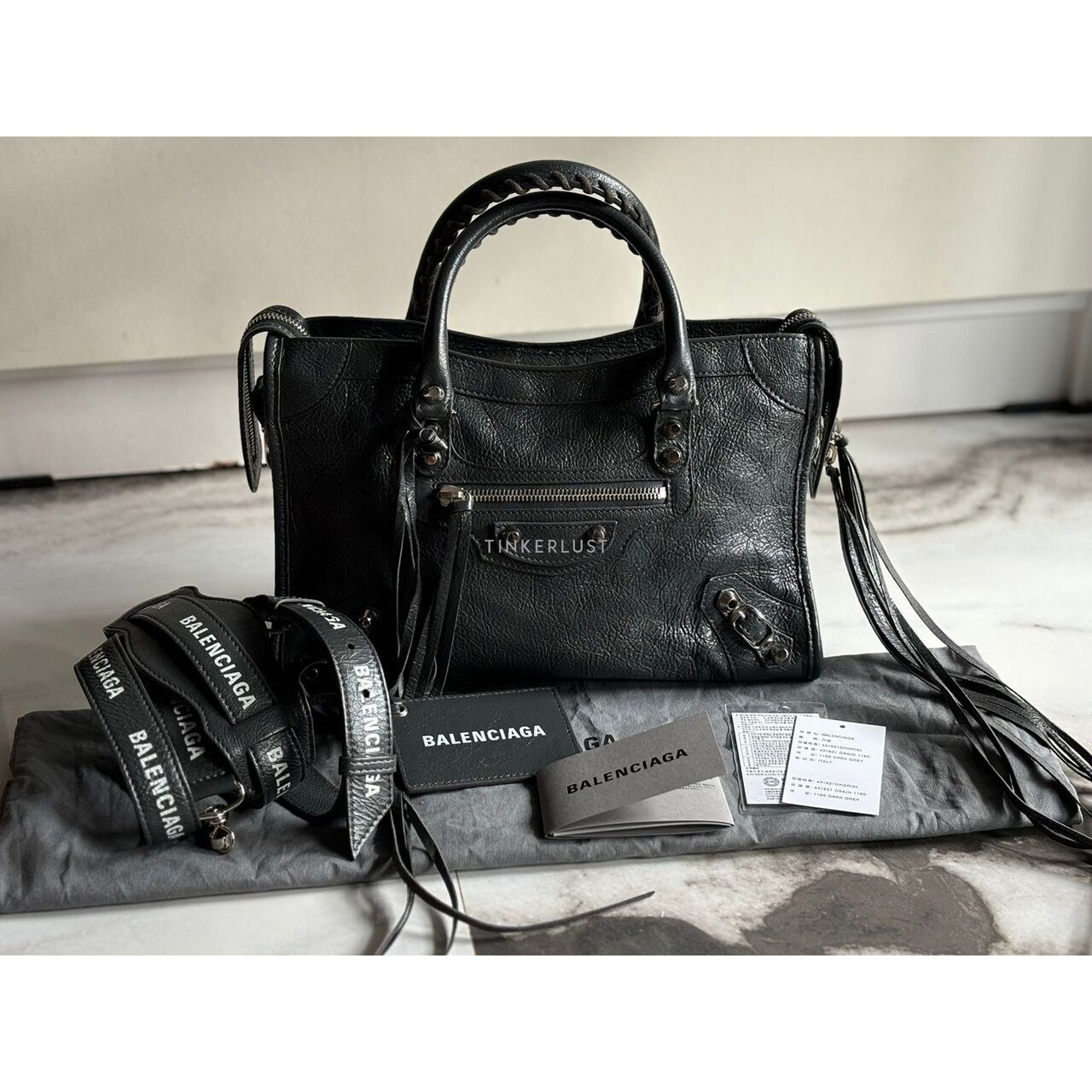 Balenciaga Small Clasiic Logo Strap SHW Dark Grey 2019 Satchel Bag 