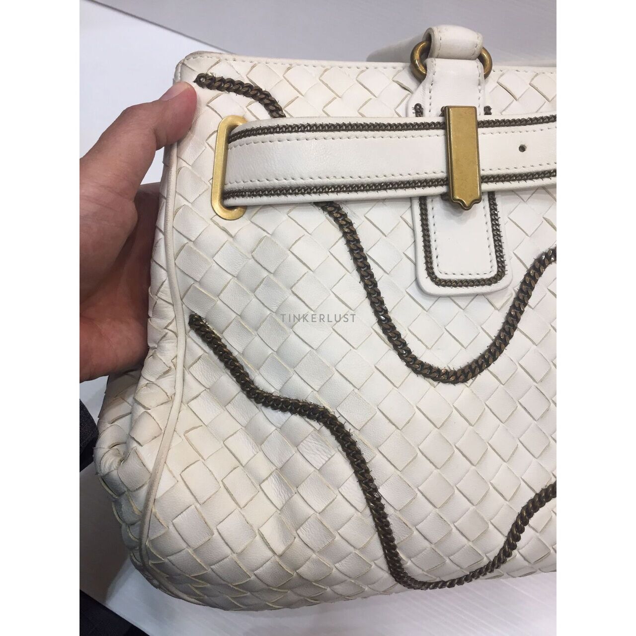 Bottega Veneta Intrecciato Chain Around Leather Broken White GHW Tote Bag 