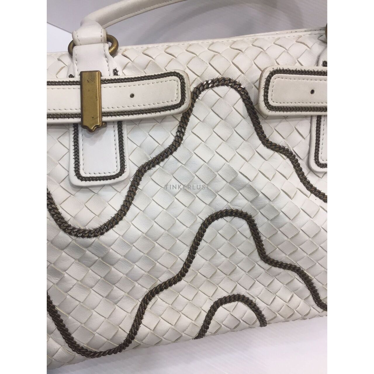 Bottega Veneta Intrecciato Chain Around Leather Broken White GHW Tote Bag 