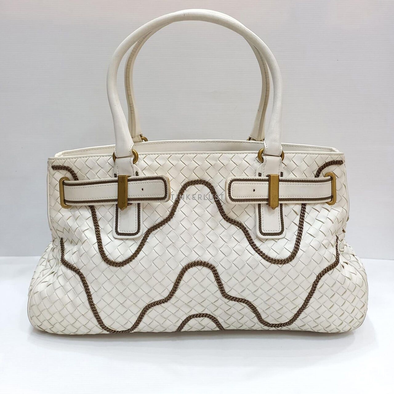 Bottega Veneta Intrecciato Chain Around Leather Broken White GHW Tote Bag 