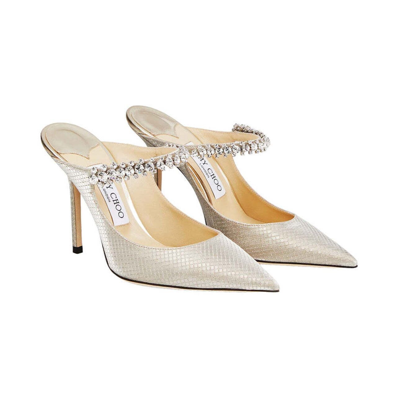 Jimmy Choo Bing 100 Diamond Glitter Fabric Crystal Strap Heels Champagne